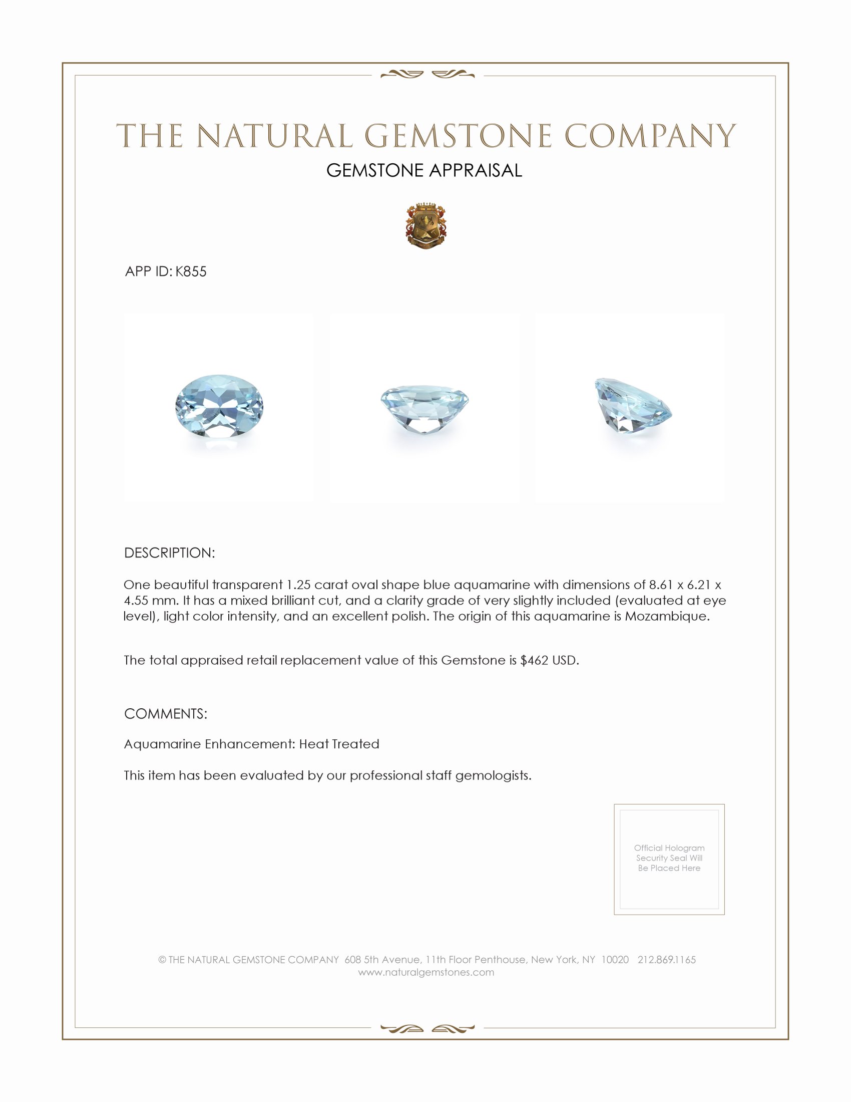 1.25 Ct. Aquamarine from Mozambique
