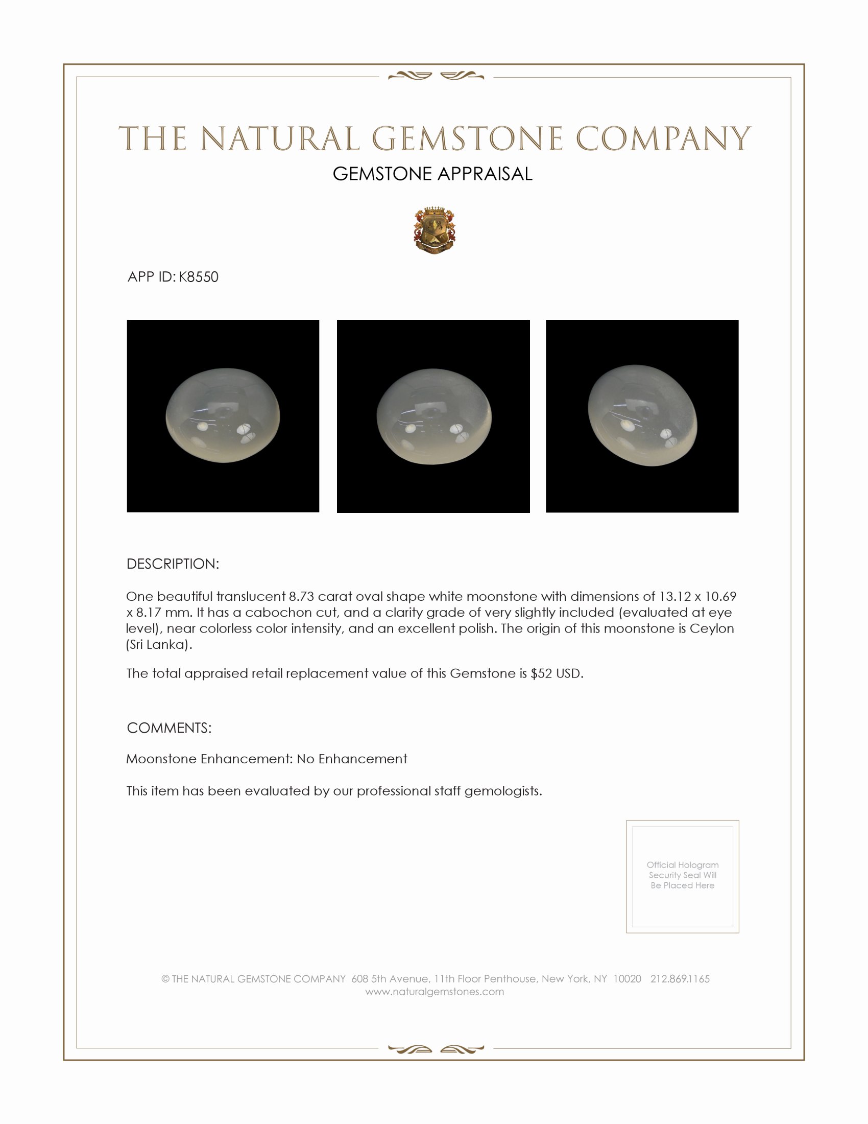 8.73 Ct. Cabochon Moonstone from Ceylon (Sri Lanka)