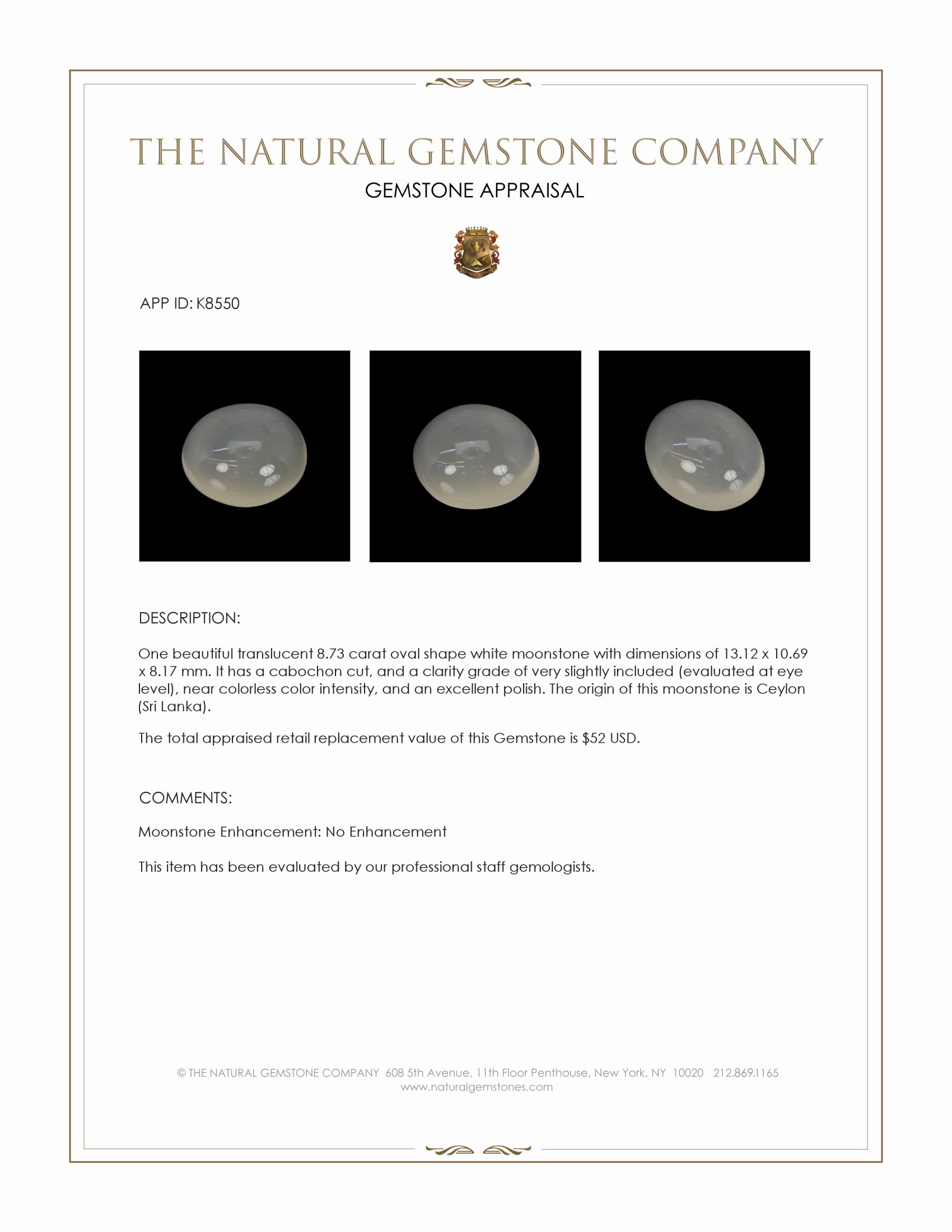 8.73 Ct. Cabochon Moonstone from Ceylon (Sri Lanka)