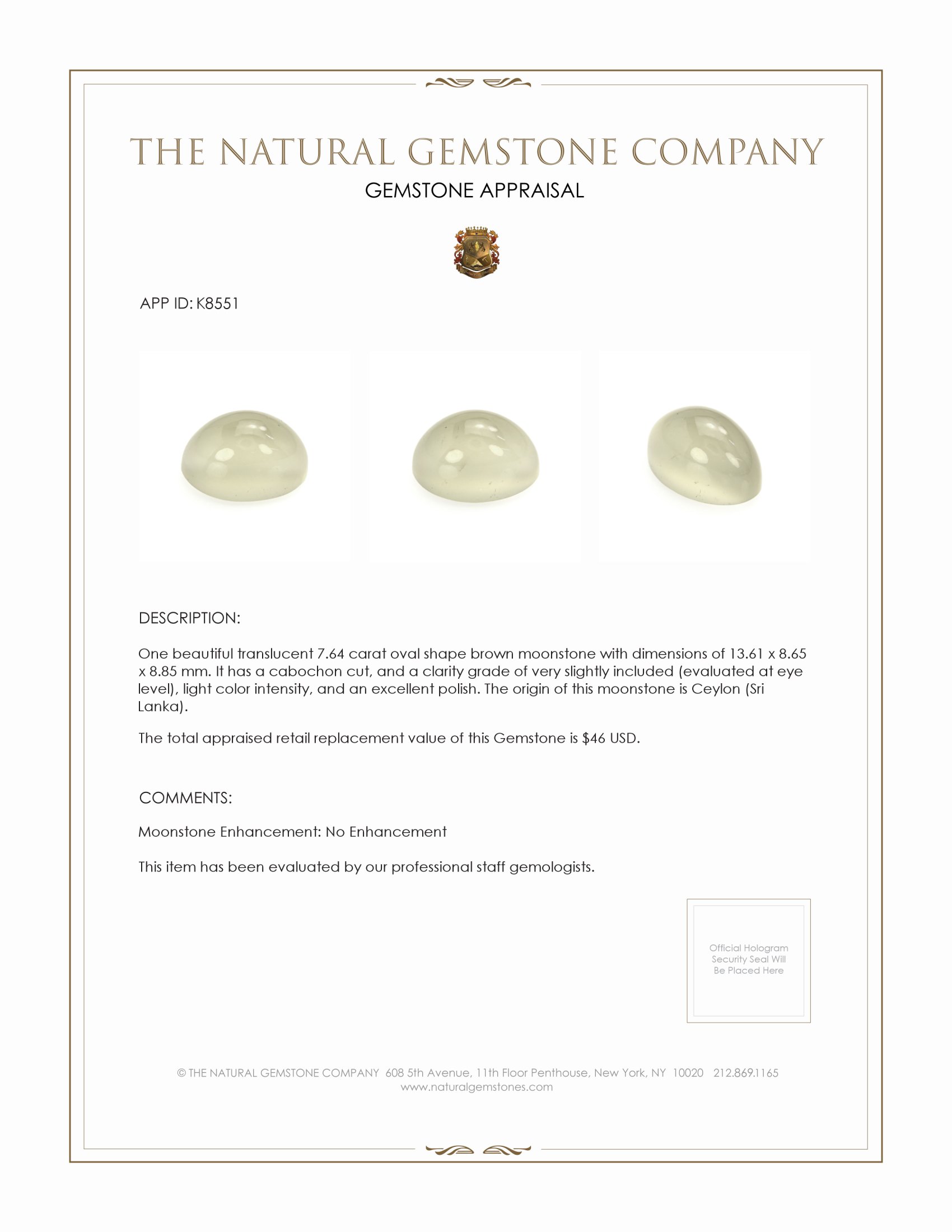 7.64 Ct. Cabochon Moonstone from Ceylon (Sri Lanka)