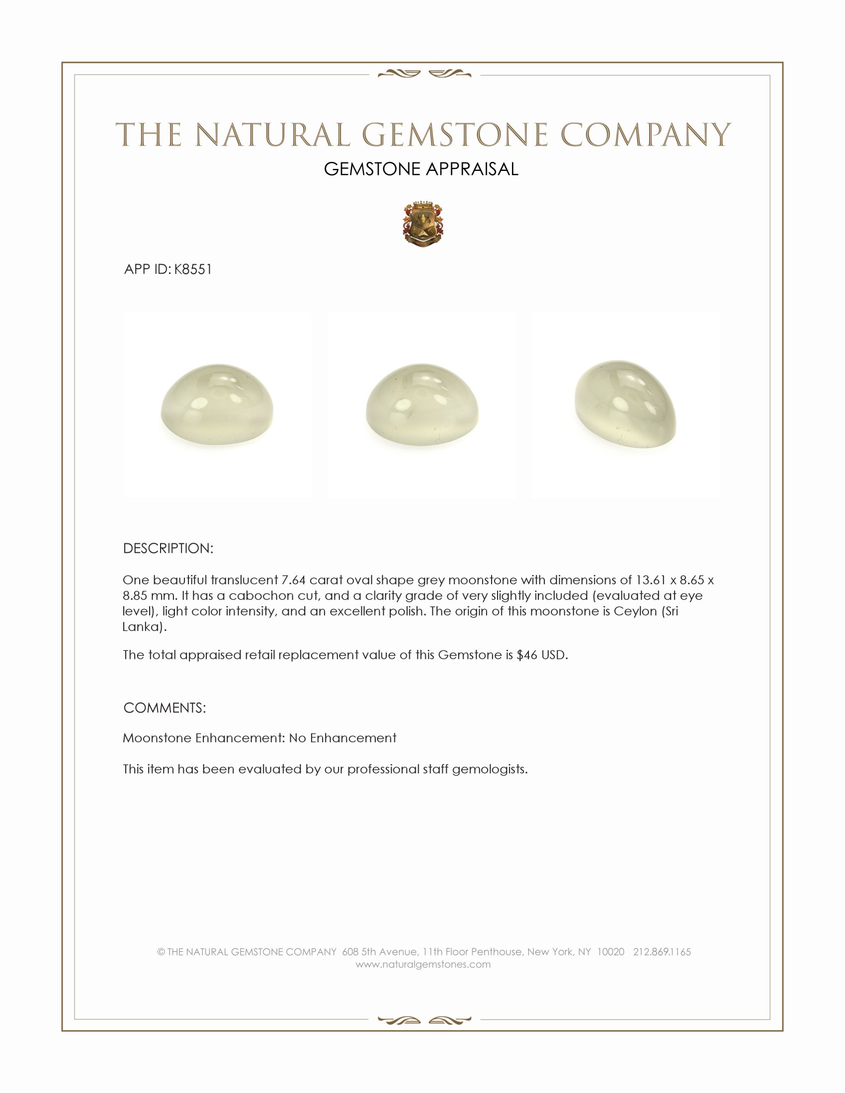 7.64 Ct. Cabochon Moonstone from Ceylon (Sri Lanka)