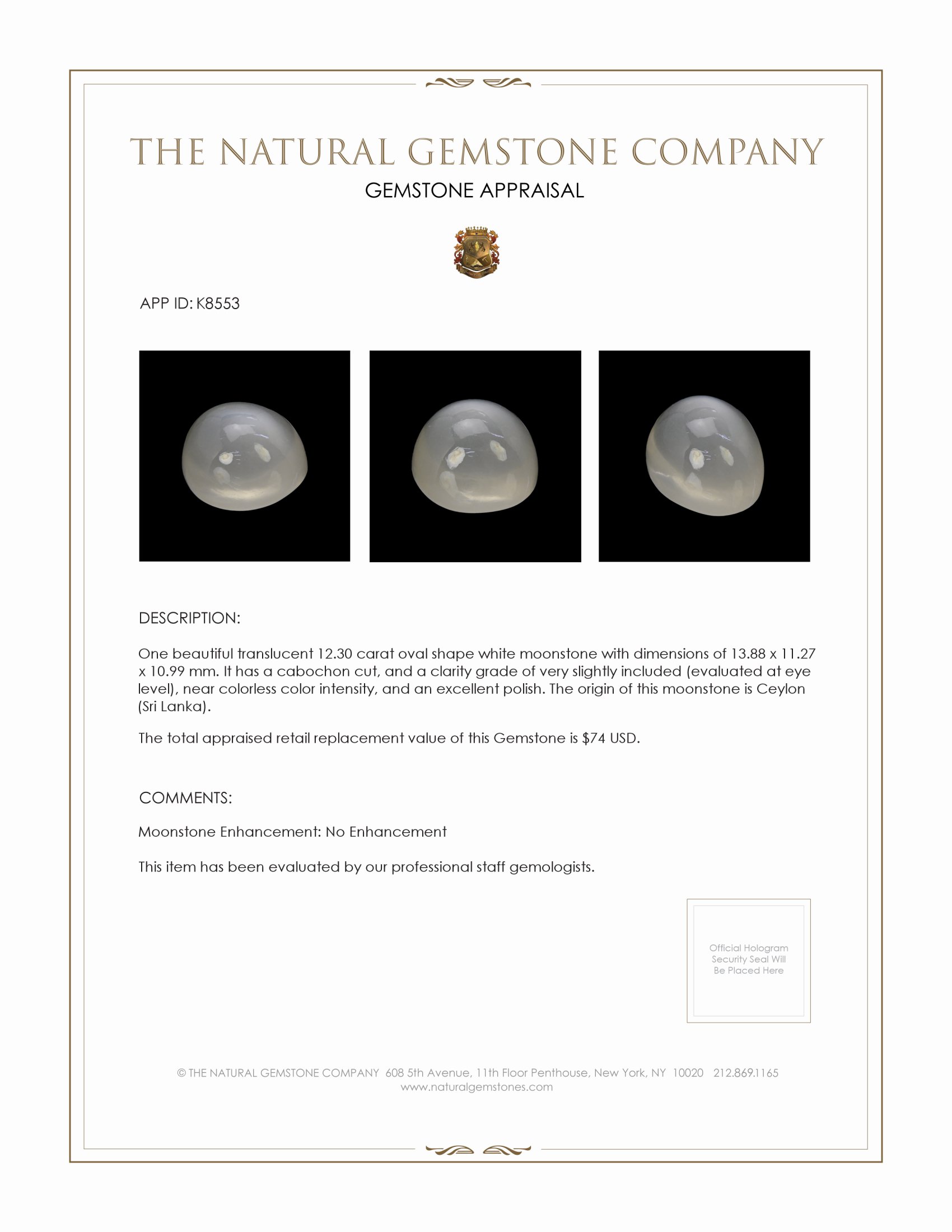 12.30 Ct. White Cabochon Moonstone from Ceylon (Sri Lanka)