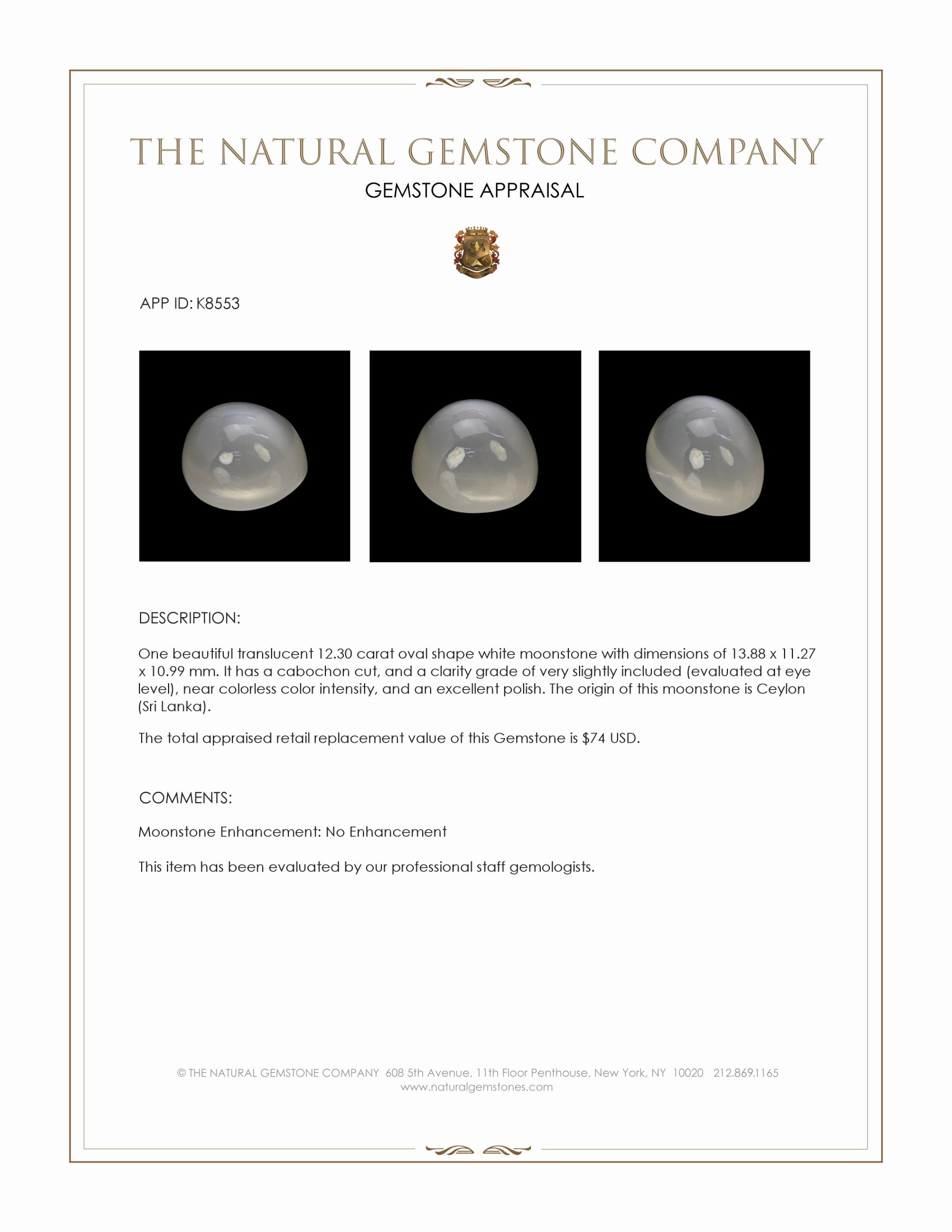 12.30 Ct. Cabochon Moonstone from Ceylon (Sri Lanka)