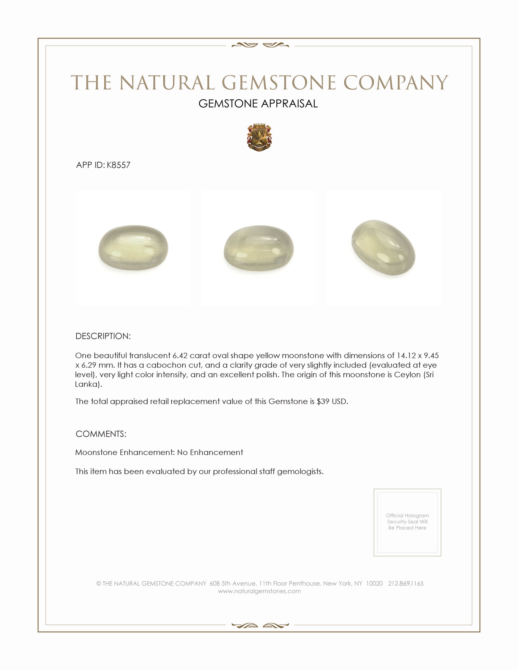 6.42 Ct. Cabochon Moonstone from Ceylon (Sri Lanka)