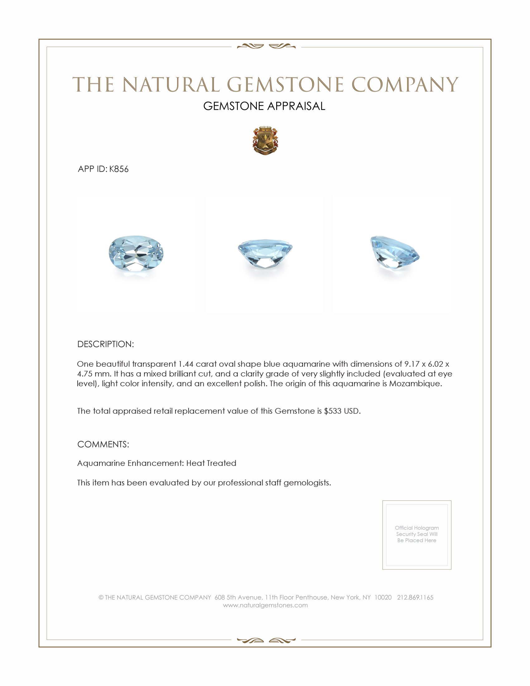 1.44 Ct. Aquamarine from Mozambique