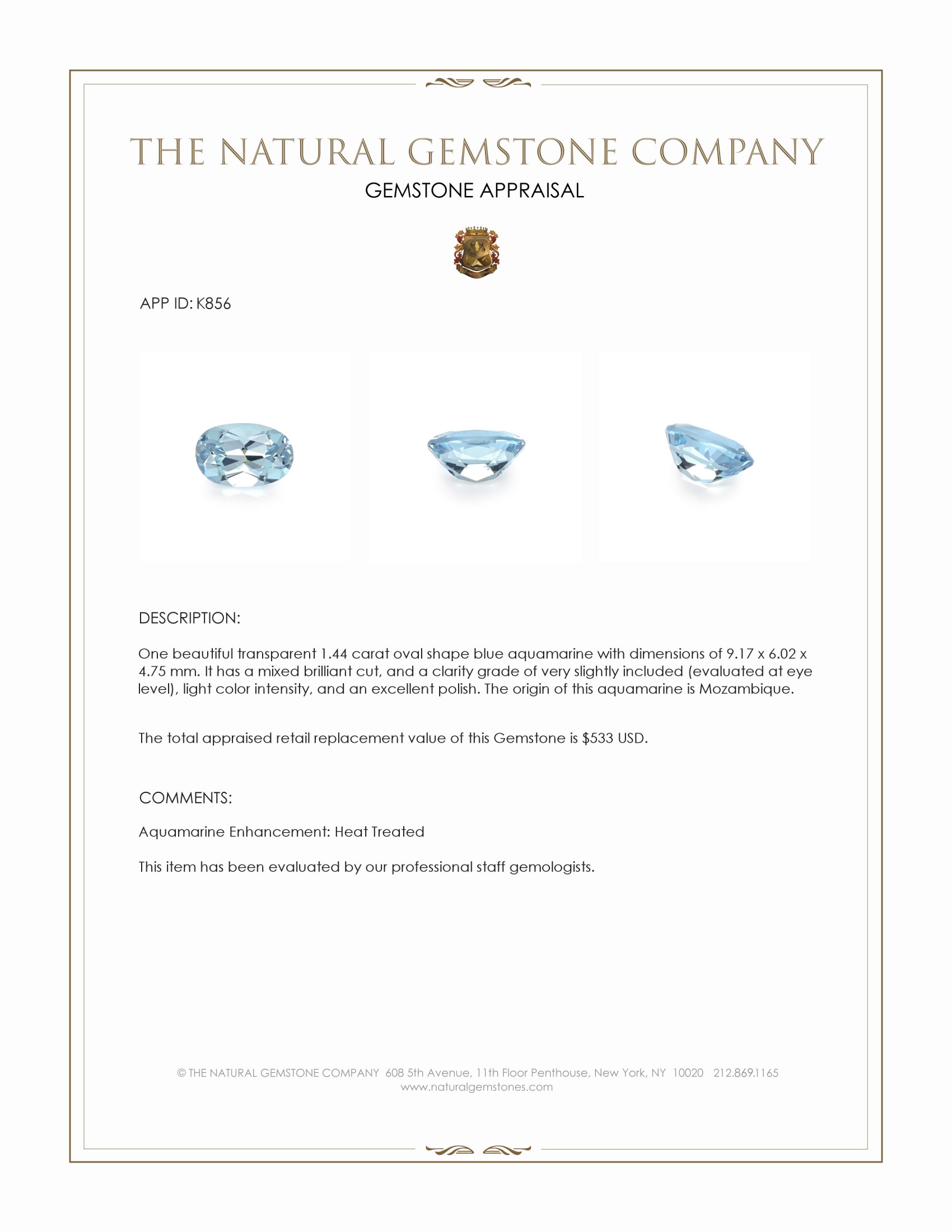 1.44 Ct. Blue Aquamarine from Mozambique