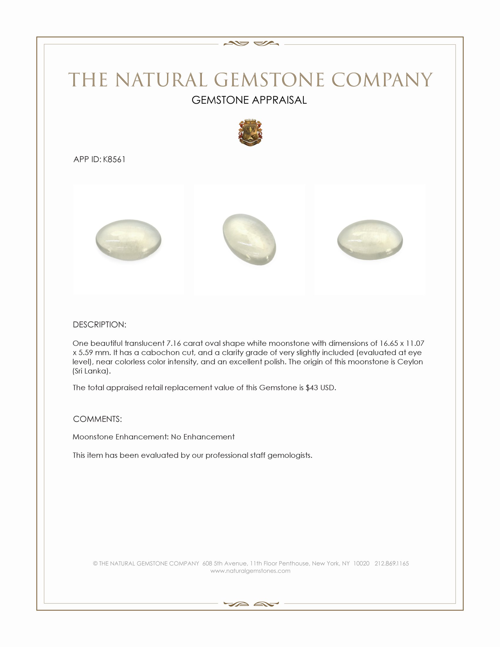 7.16 Ct. White Cabochon Moonstone from Ceylon (Sri Lanka)