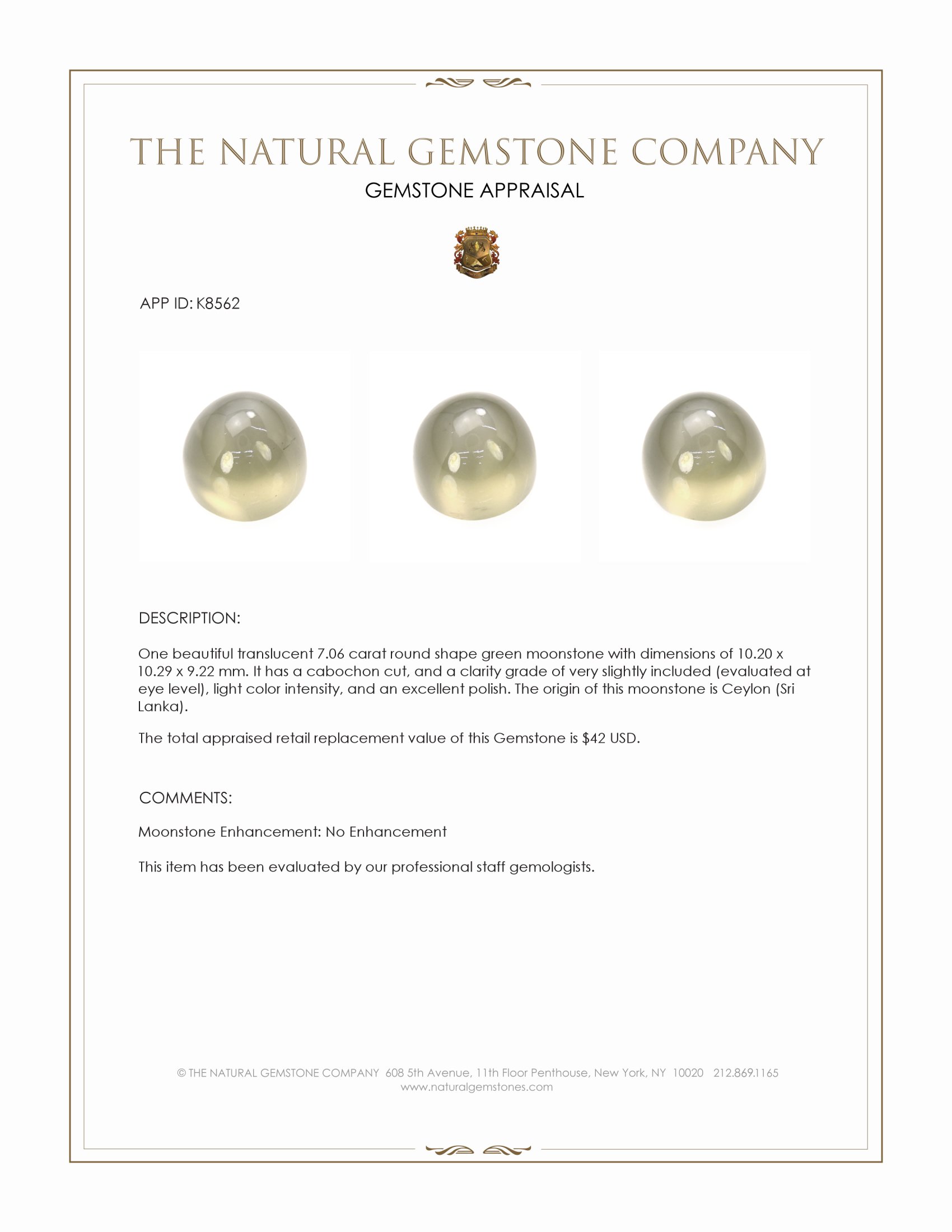 7.06 Ct. Green Cabochon Moonstone from Ceylon (Sri Lanka)