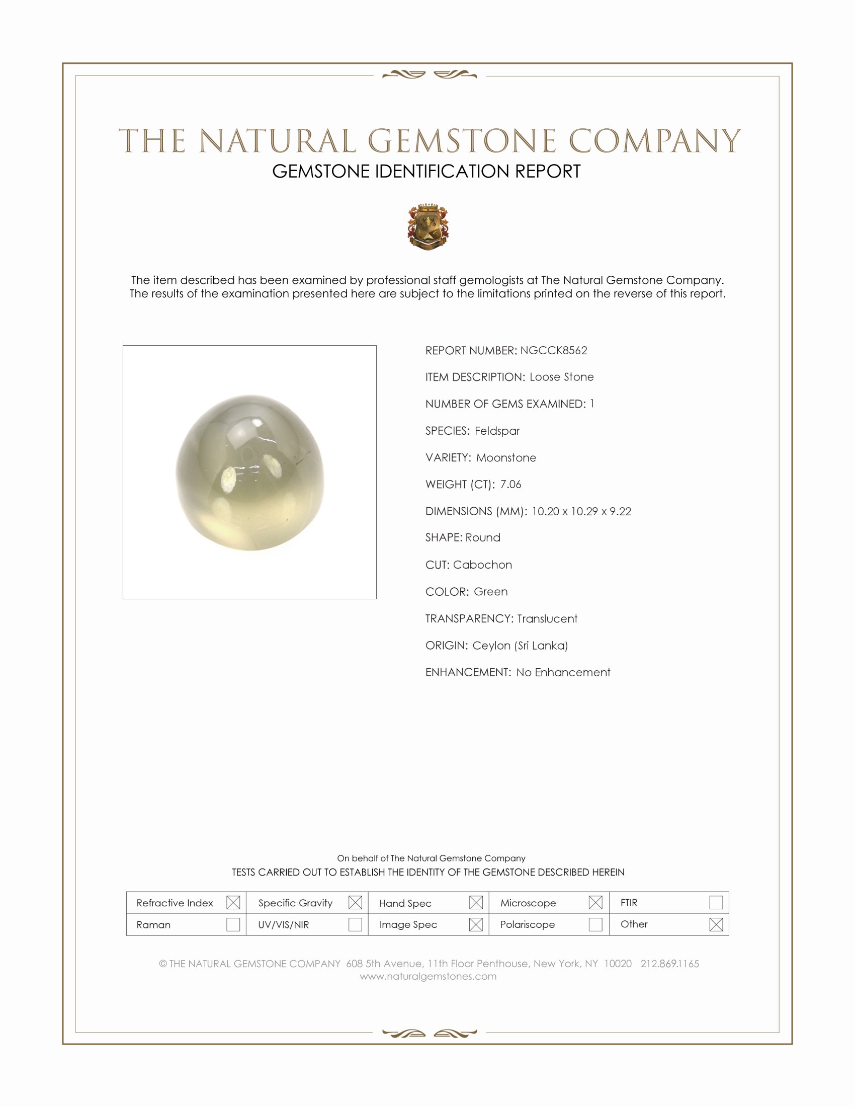 7.06 Ct. Green Cabochon Moonstone from Ceylon (Sri Lanka)