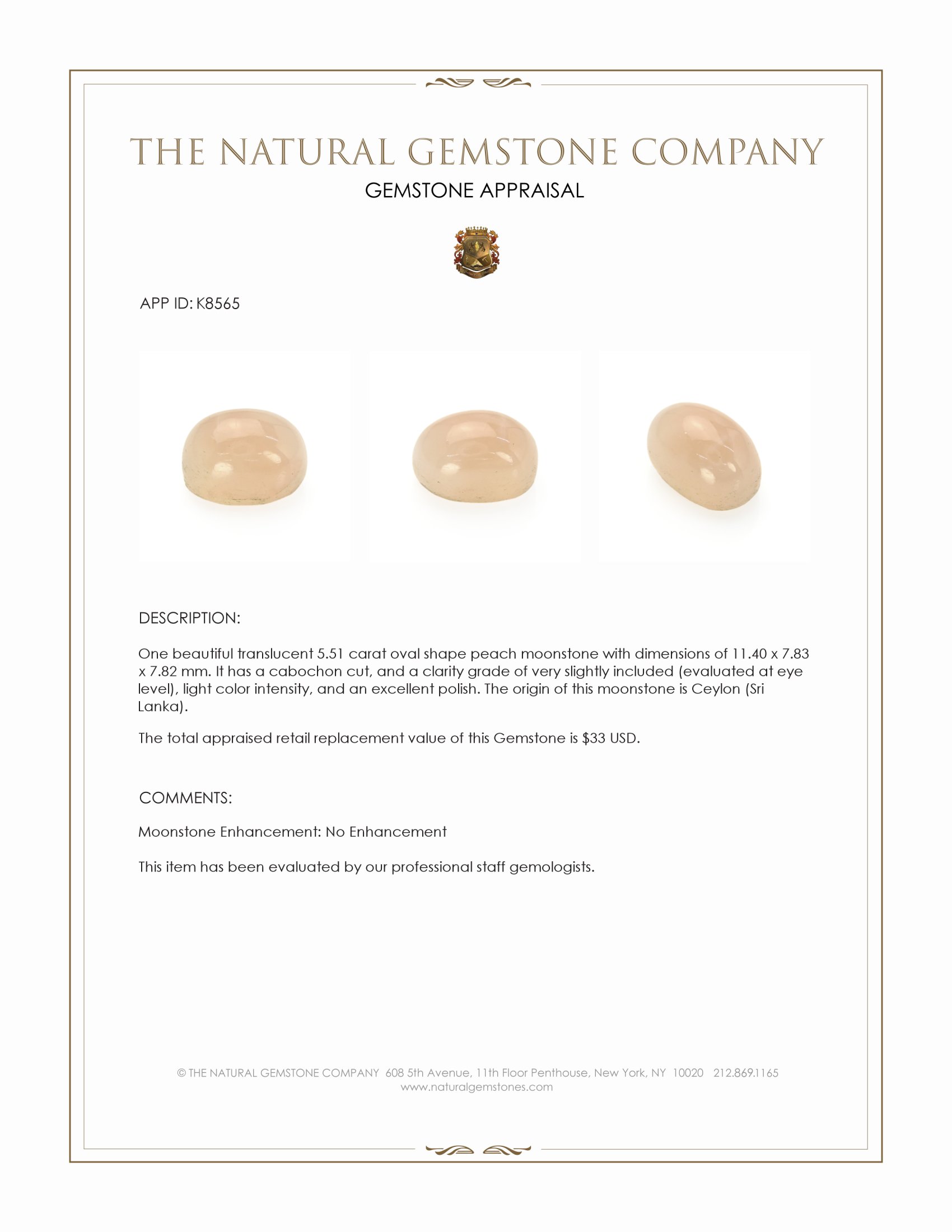 5.51 Ct. Peach Cabochon Moonstone from Ceylon (Sri Lanka)