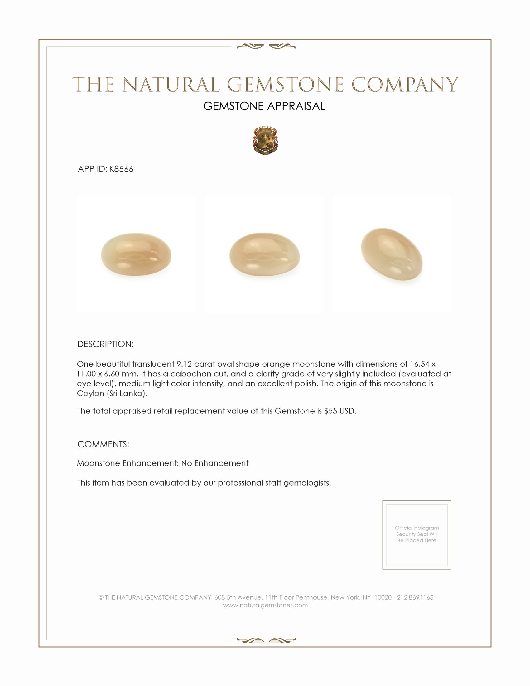 9.12 Ct. Cabochon Moonstone from Ceylon (Sri Lanka)