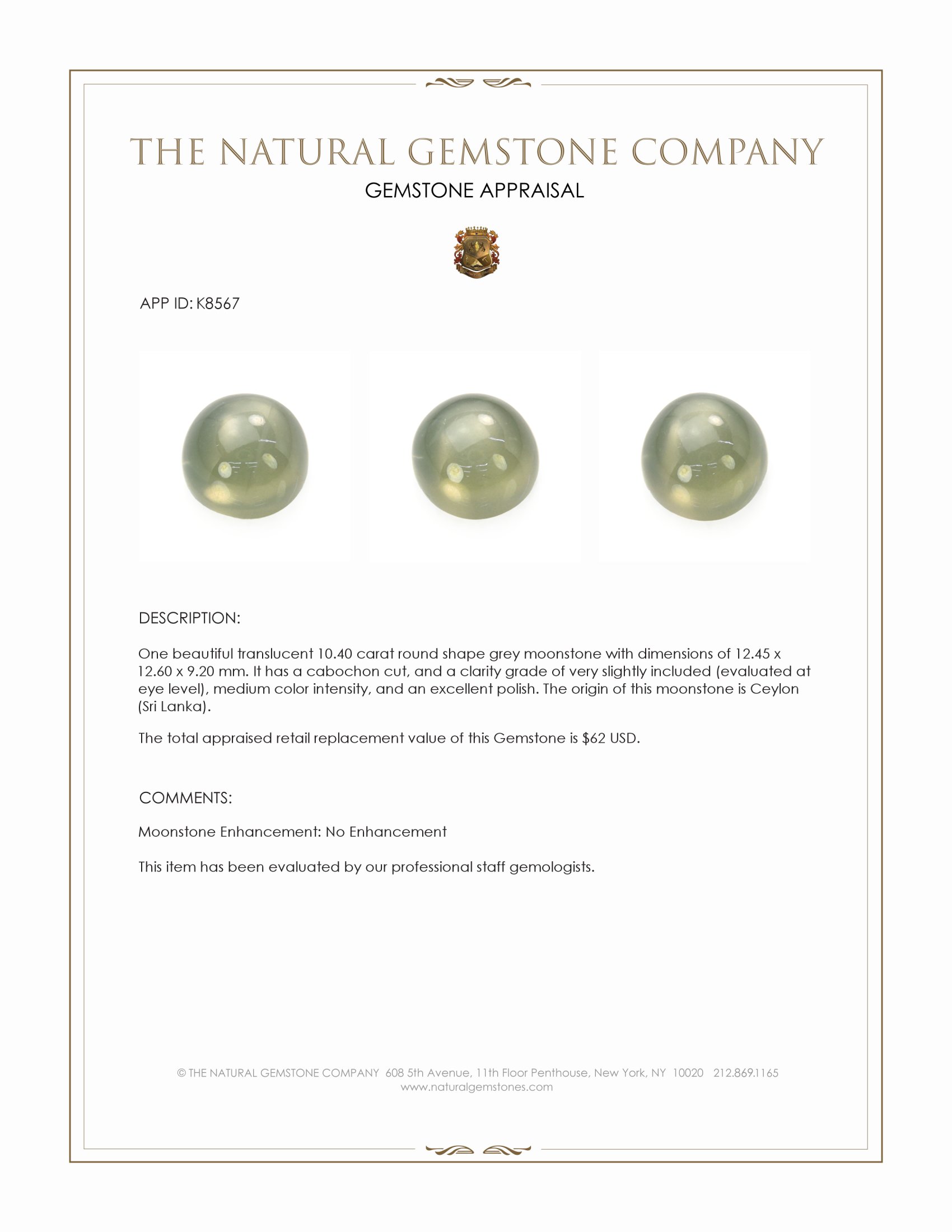 10.40 Ct. Grey Cabochon Moonstone from Ceylon (Sri Lanka)