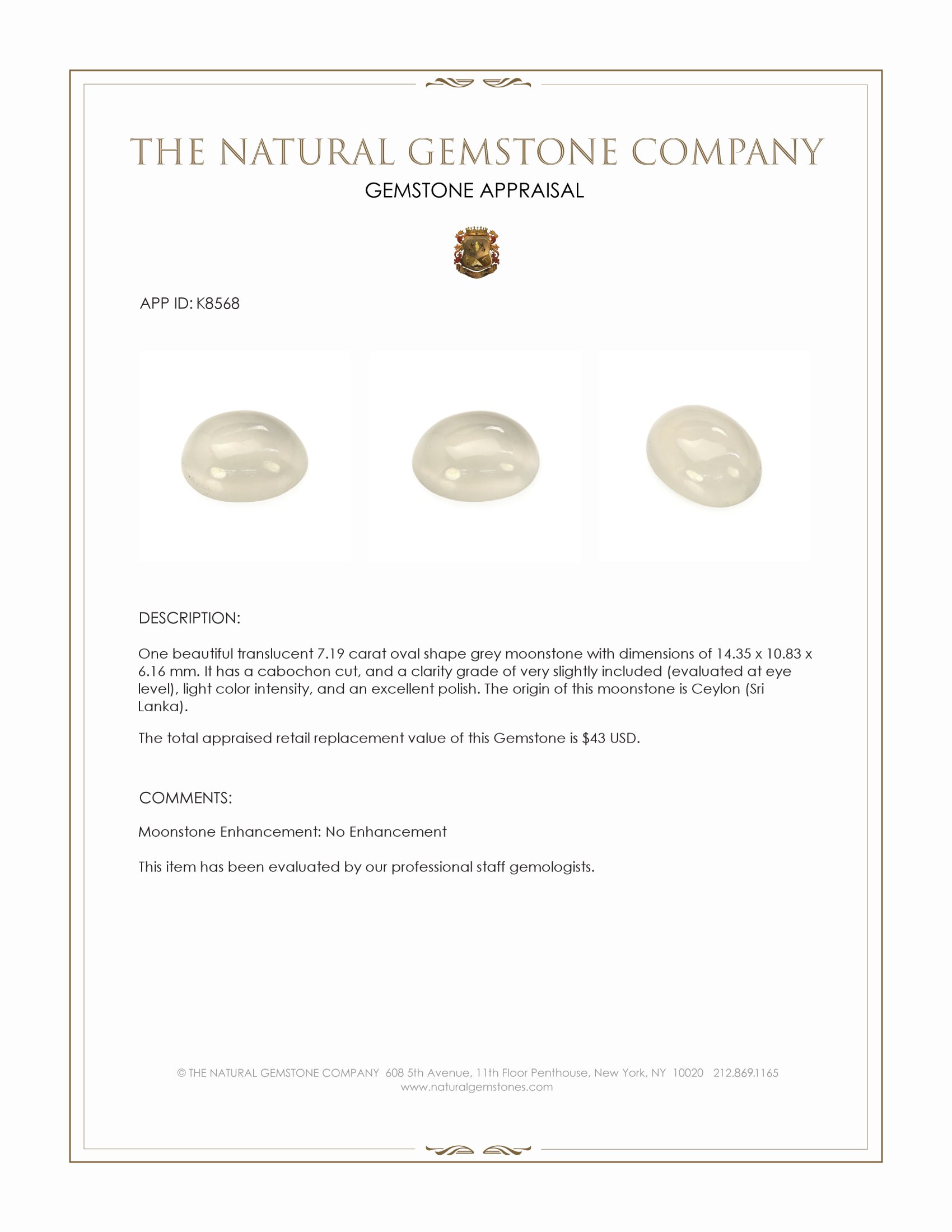 7.19 Ct. Grey Cabochon Moonstone from Ceylon (Sri Lanka)