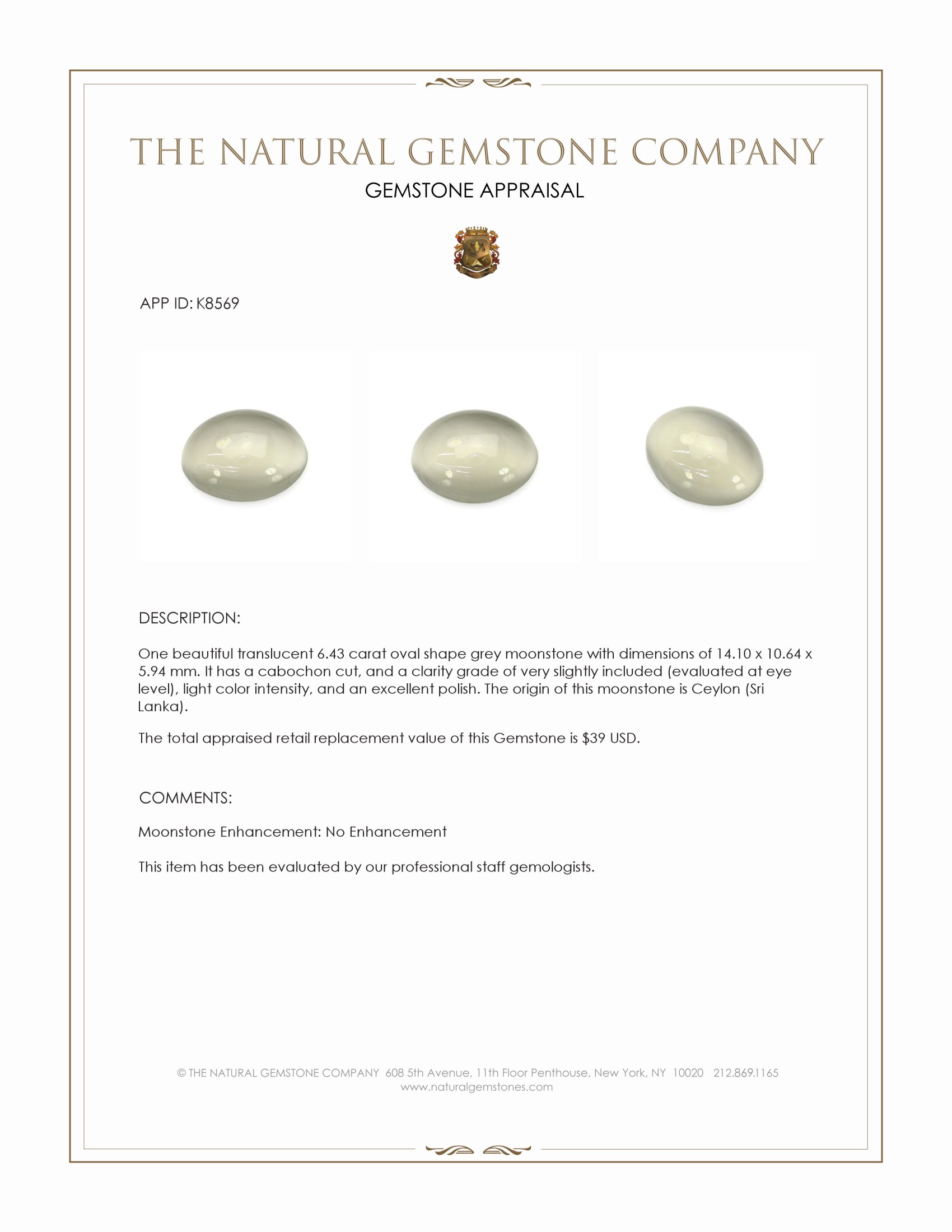 6.43 Ct. Cabochon Moonstone from Ceylon (Sri Lanka)