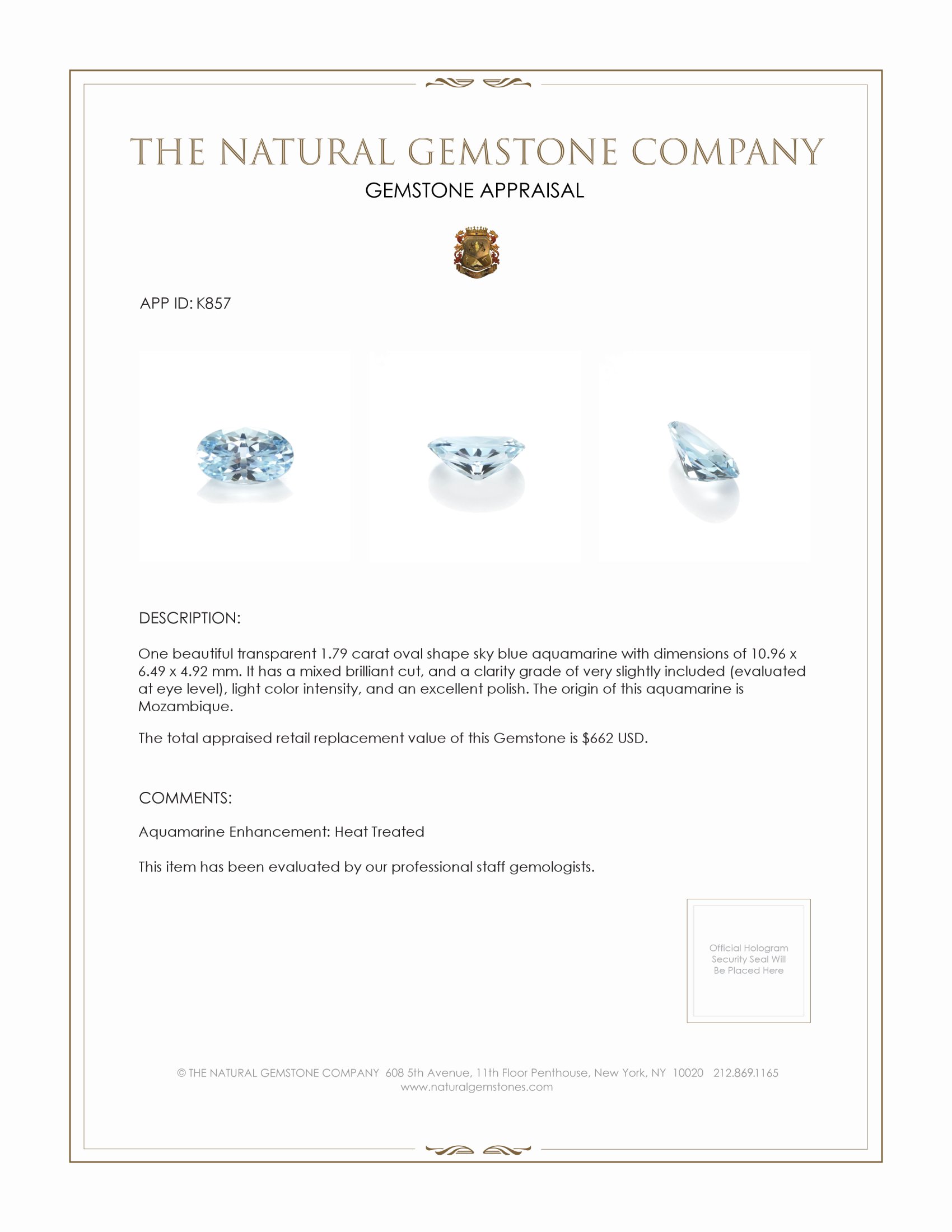 1.79 Ct. Aquamarine from Mozambique