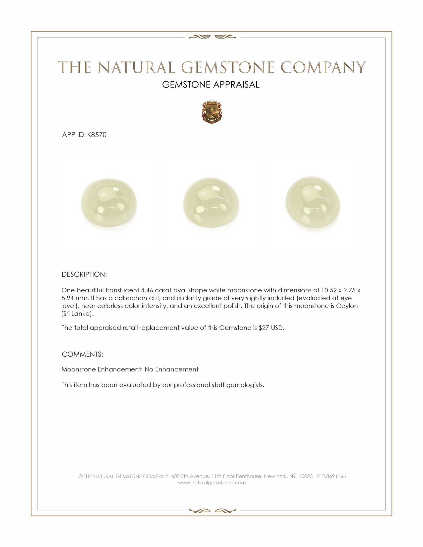 4.46 Ct. White Cabochon Moonstone from Ceylon (Sri Lanka)