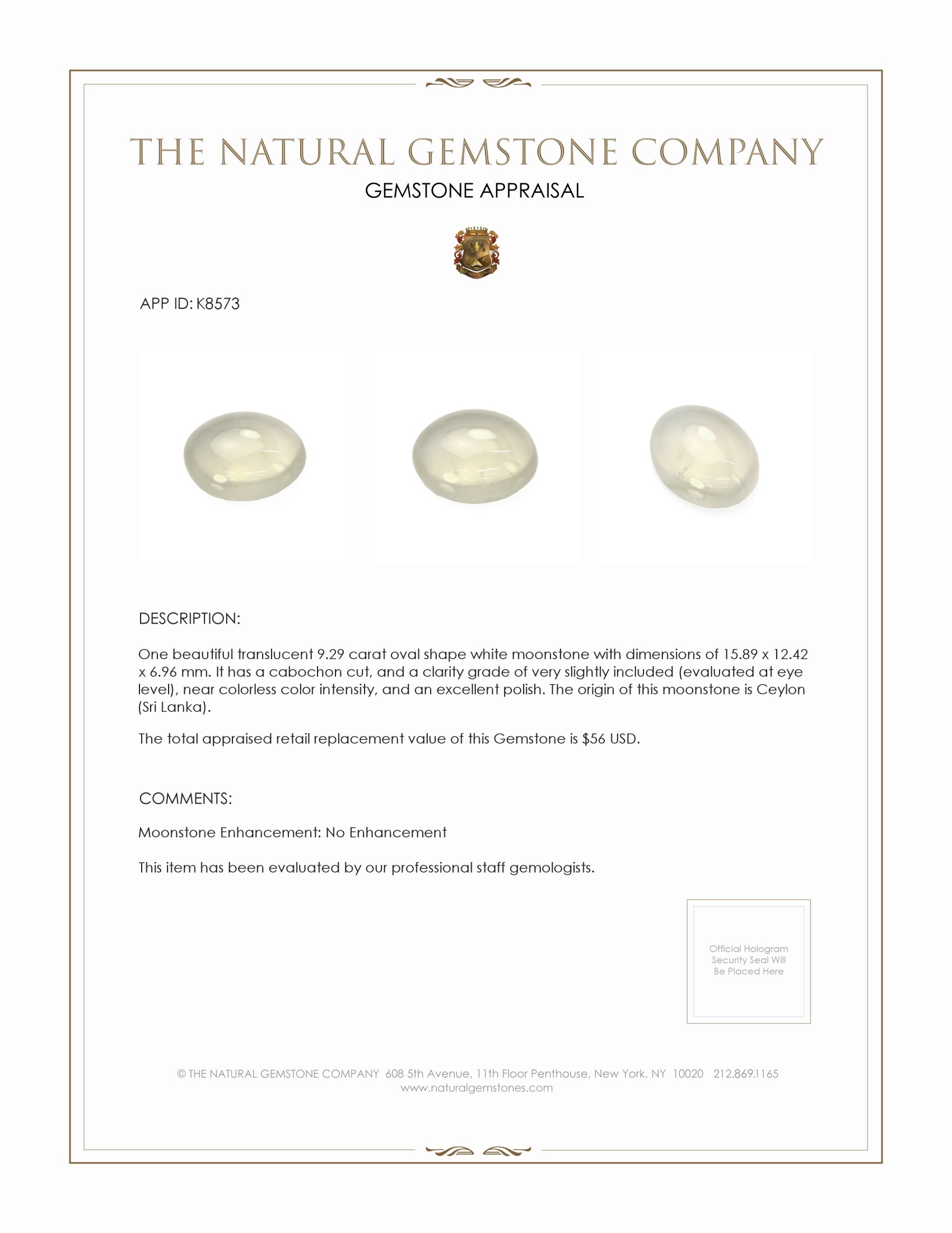 9.29 Ct. Cabochon Moonstone from Ceylon (Sri Lanka)