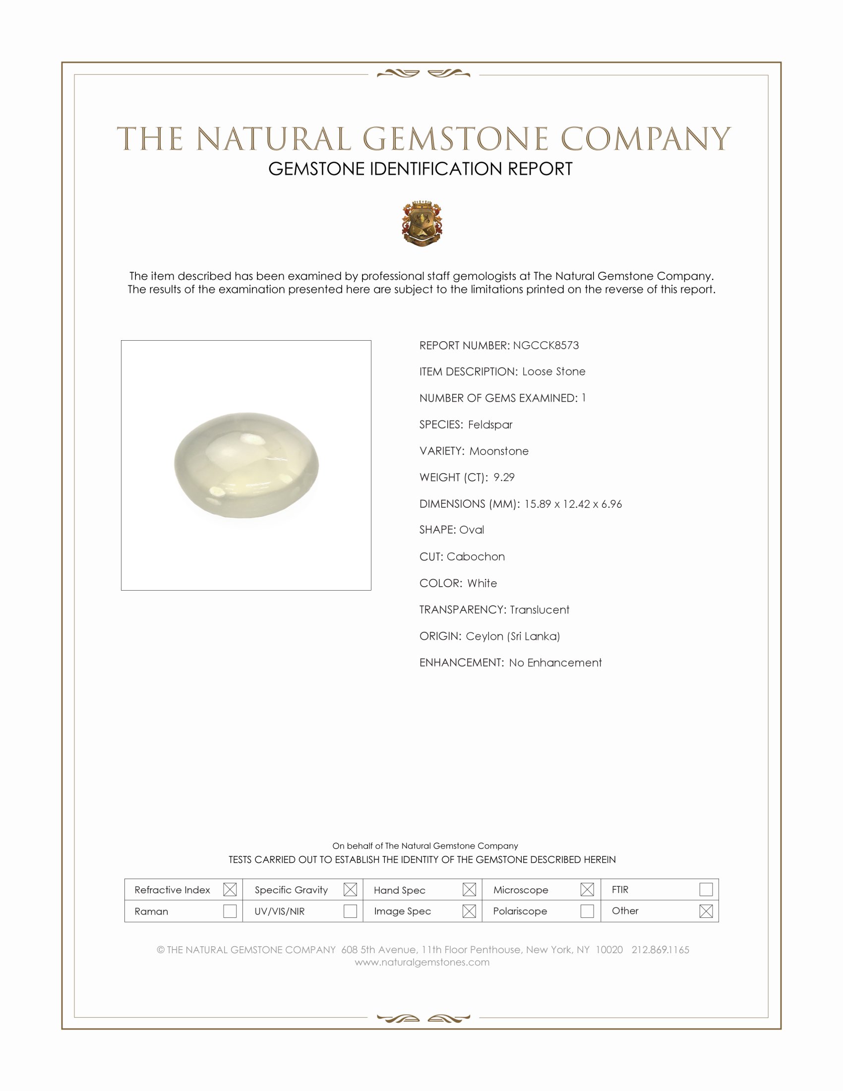 9.29 Ct. White Cabochon Moonstone from Ceylon (Sri Lanka)