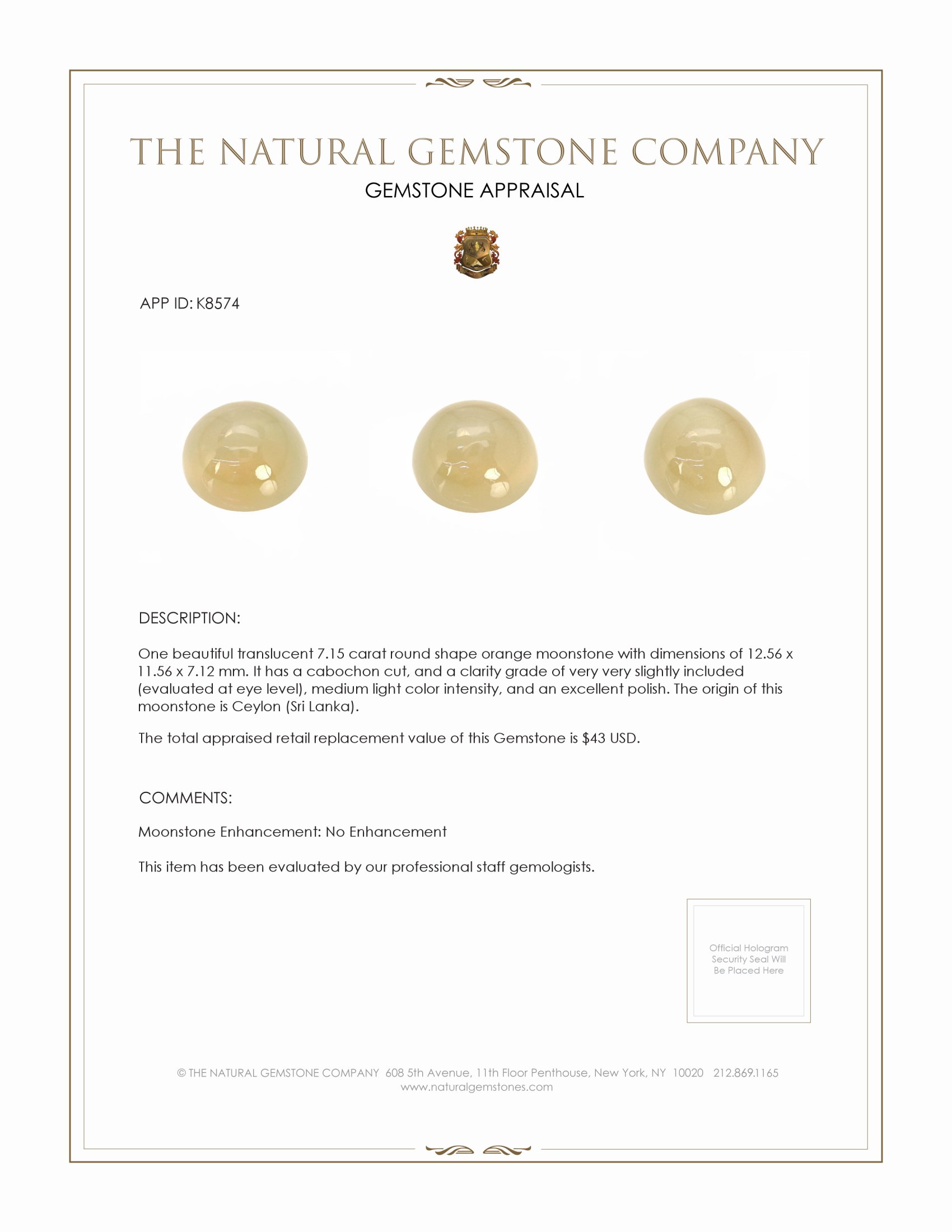 7.15 Ct. Cabochon Moonstone from Ceylon (Sri Lanka)