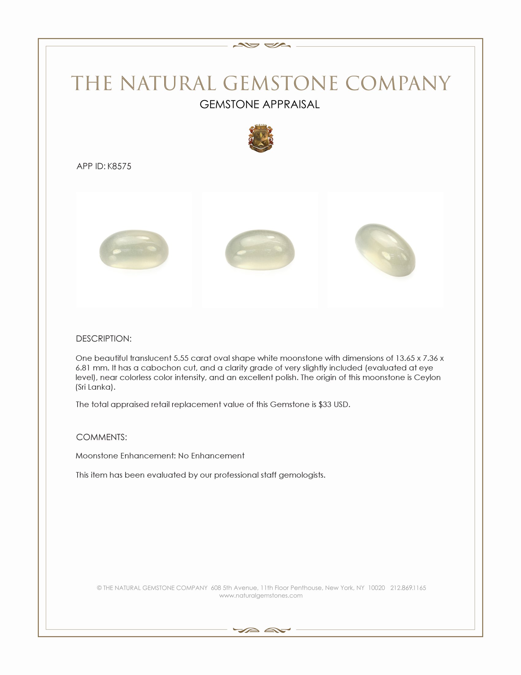 5.55 Ct. White Cabochon Moonstone from Ceylon (Sri Lanka)