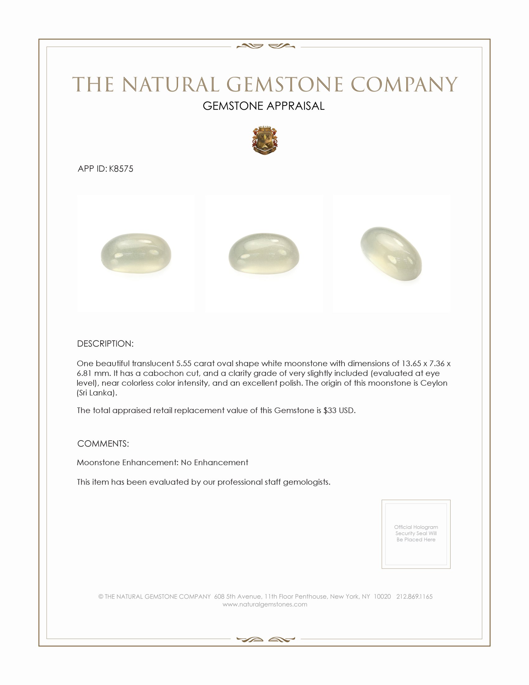 5.55 Ct. Cabochon Moonstone from Ceylon (Sri Lanka)