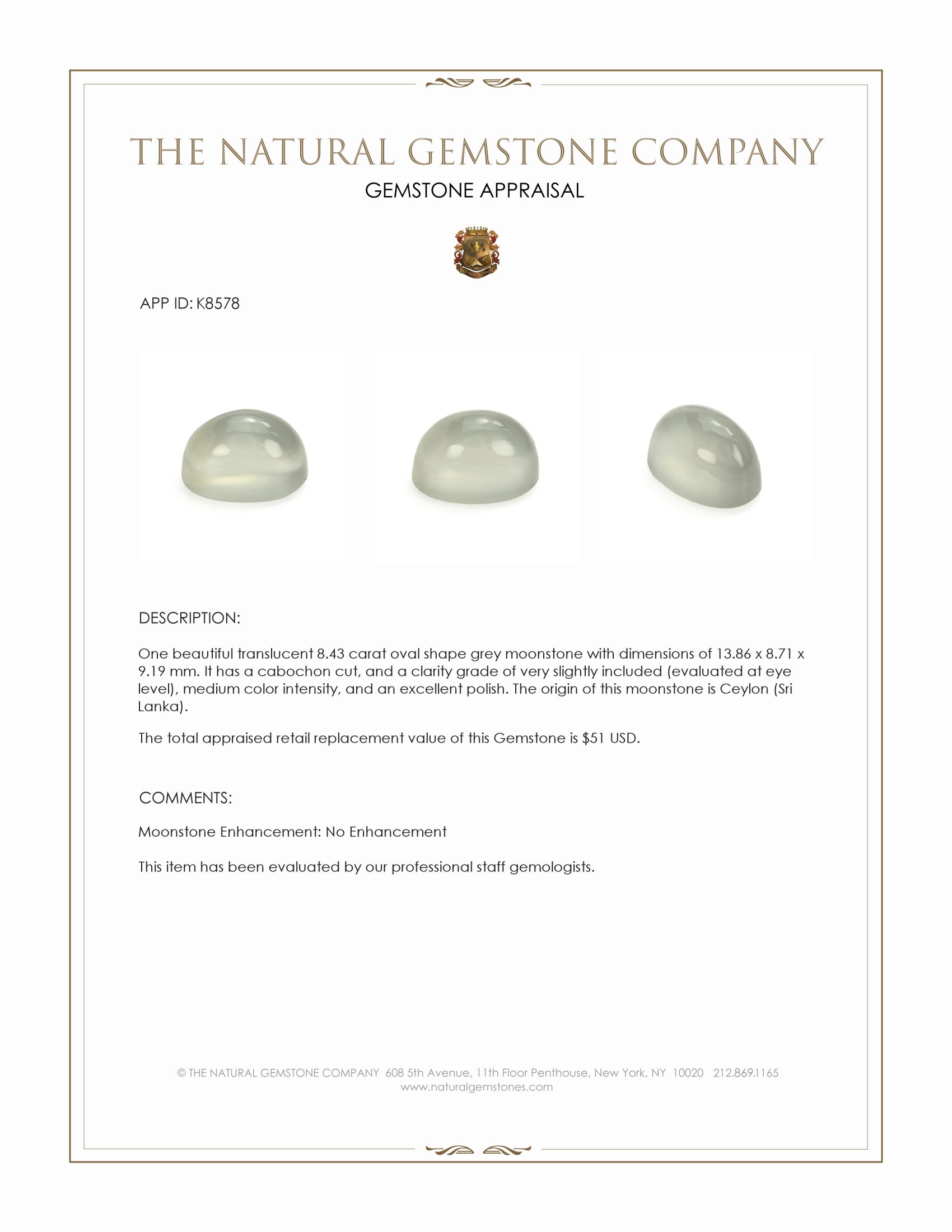 8.43 Ct. Grey Cabochon Moonstone from Ceylon (Sri Lanka)