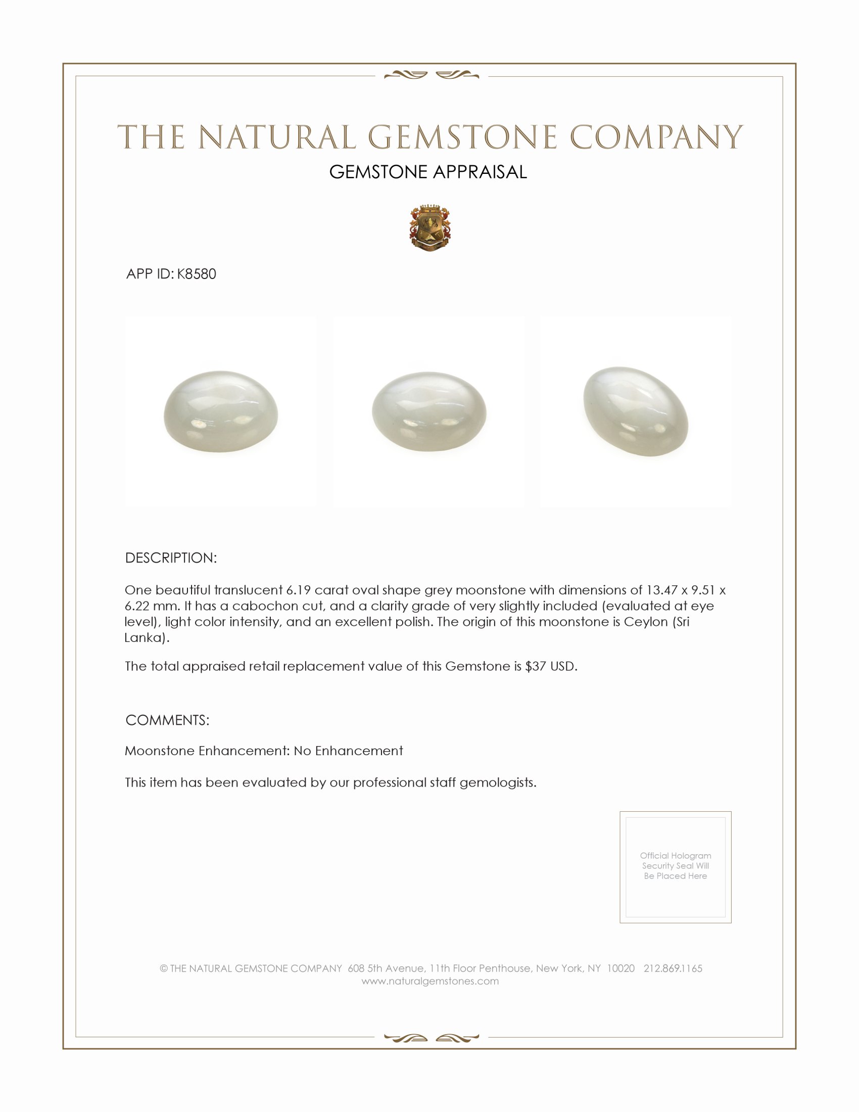 6.19 Ct. Cabochon Moonstone from Ceylon (Sri Lanka)