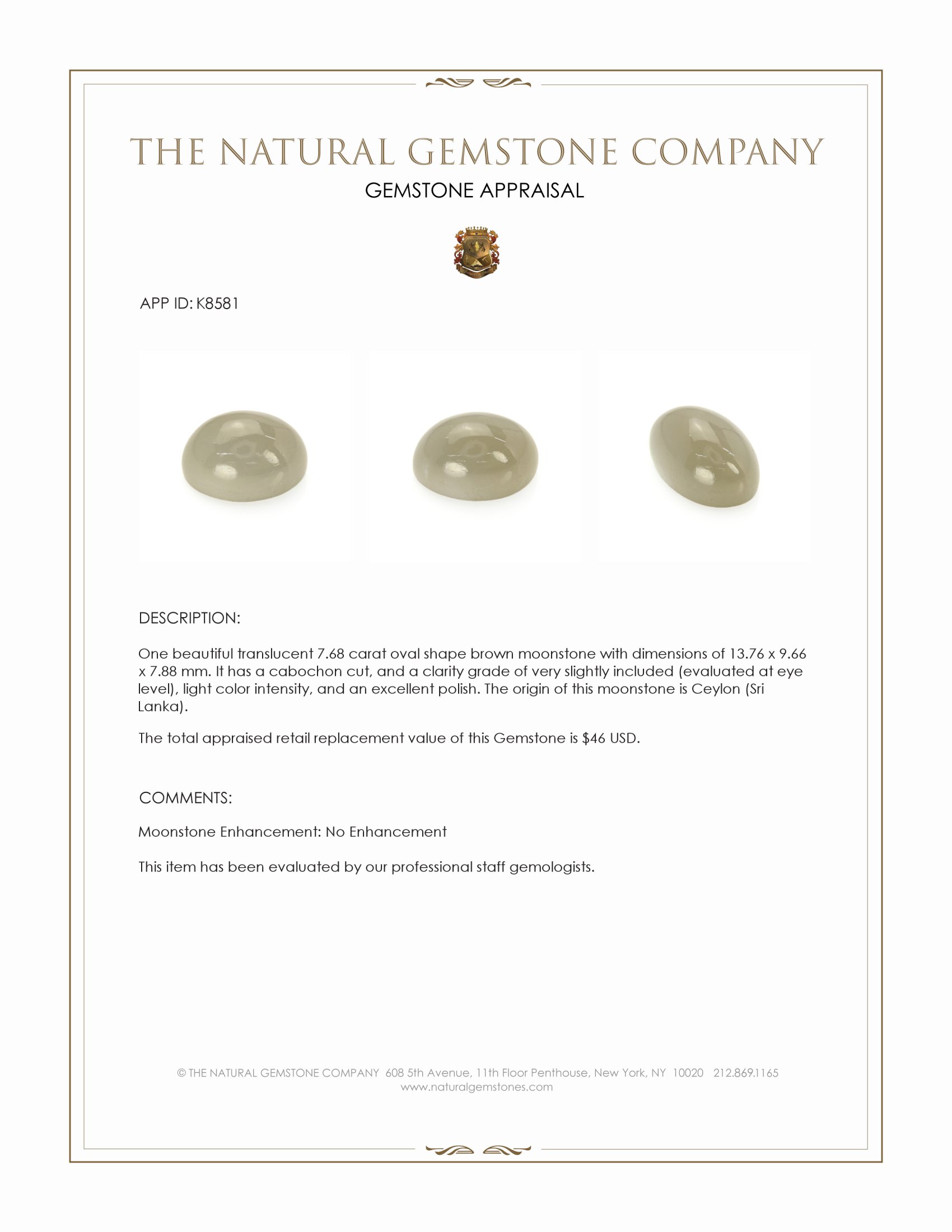 7.68 Ct. Cabochon Moonstone from Ceylon (Sri Lanka)