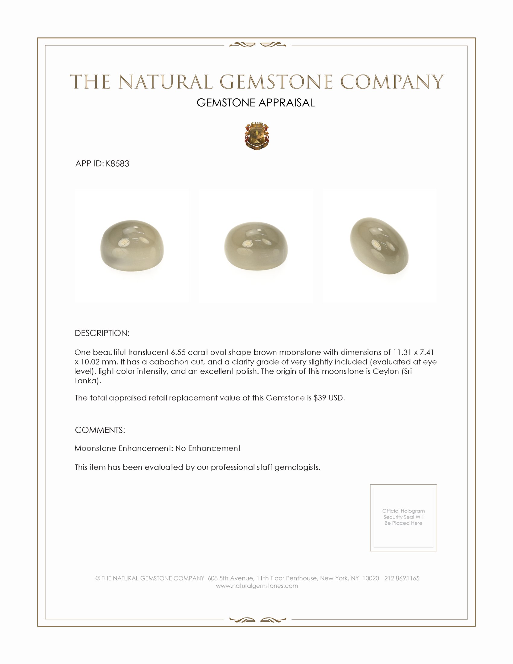 6.55 Ct. Brown Cabochon Moonstone from Ceylon (Sri Lanka)