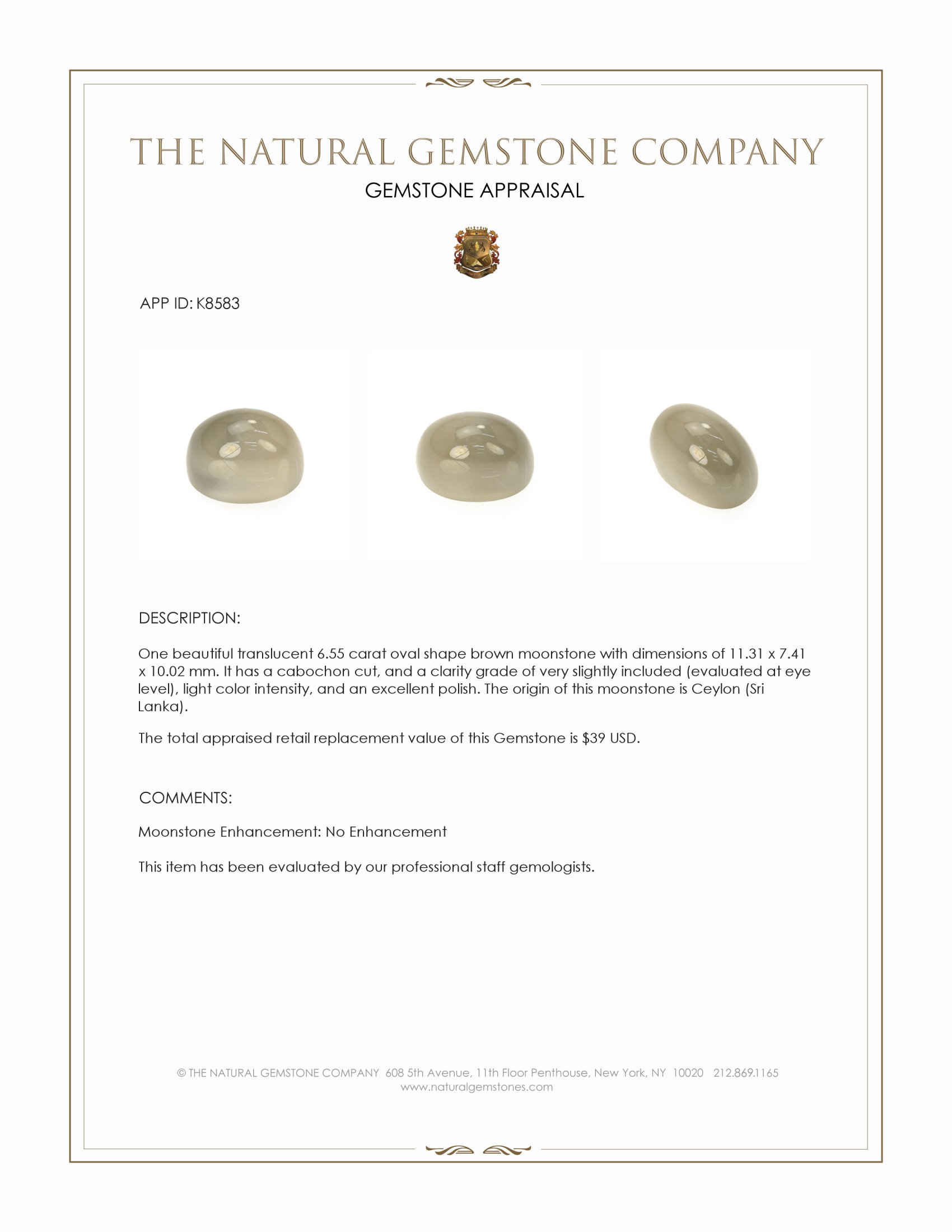 6.55 Ct. Cabochon Moonstone from Ceylon (Sri Lanka)