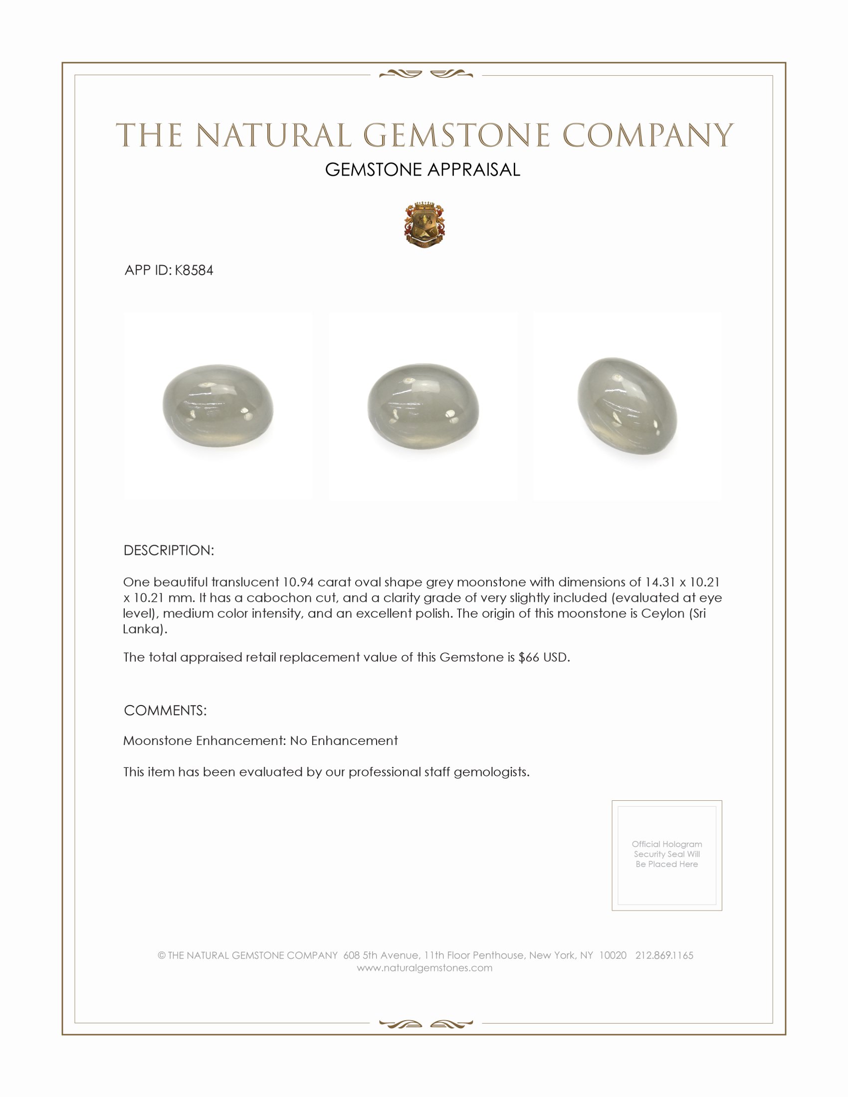 10.94 Ct. Grey Cabochon Moonstone from Ceylon (Sri Lanka)