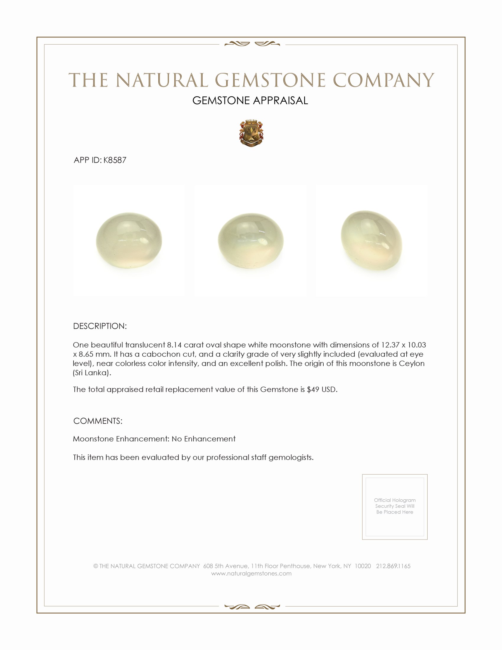 8.14 Ct. Cabochon Moonstone from Ceylon (Sri Lanka)