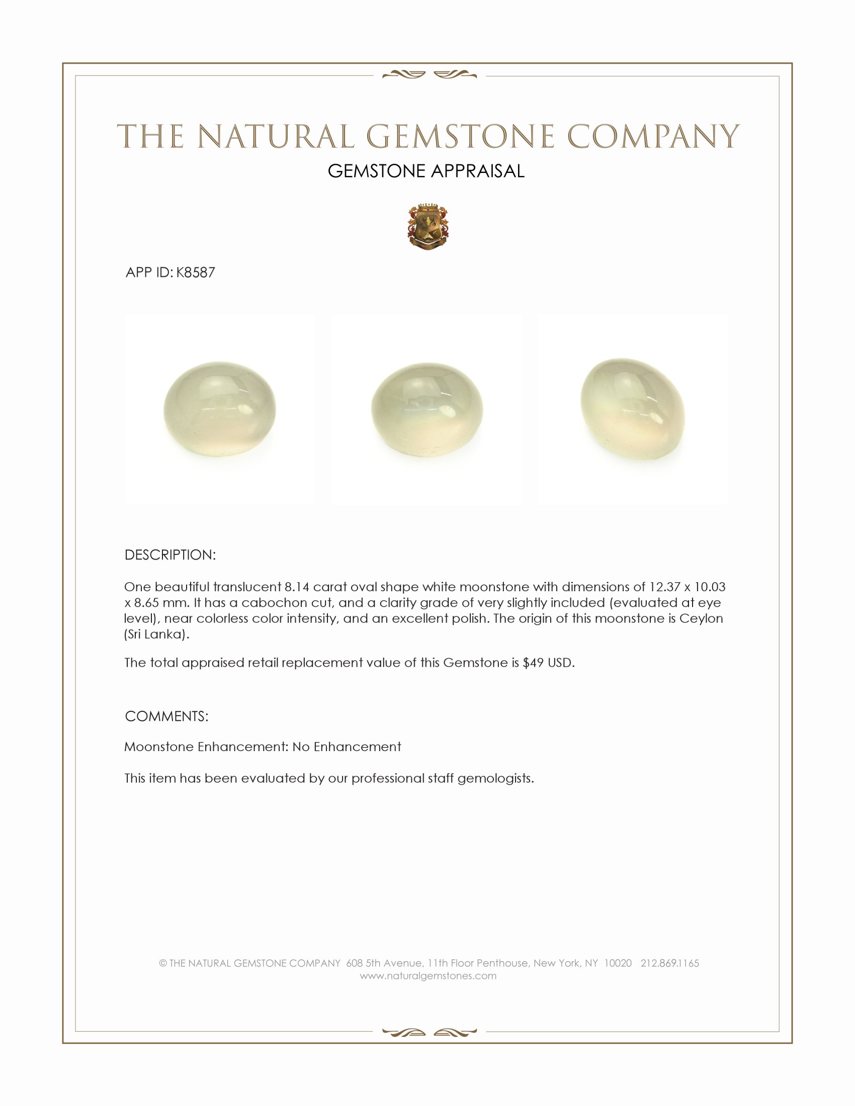 8.14 Ct. White Cabochon Moonstone from Ceylon (Sri Lanka)