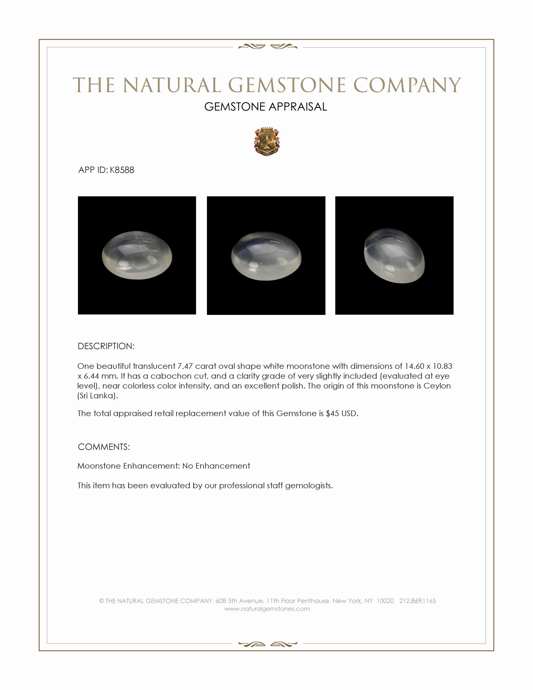 7.47 Ct. White Cabochon Moonstone from Ceylon (Sri Lanka)