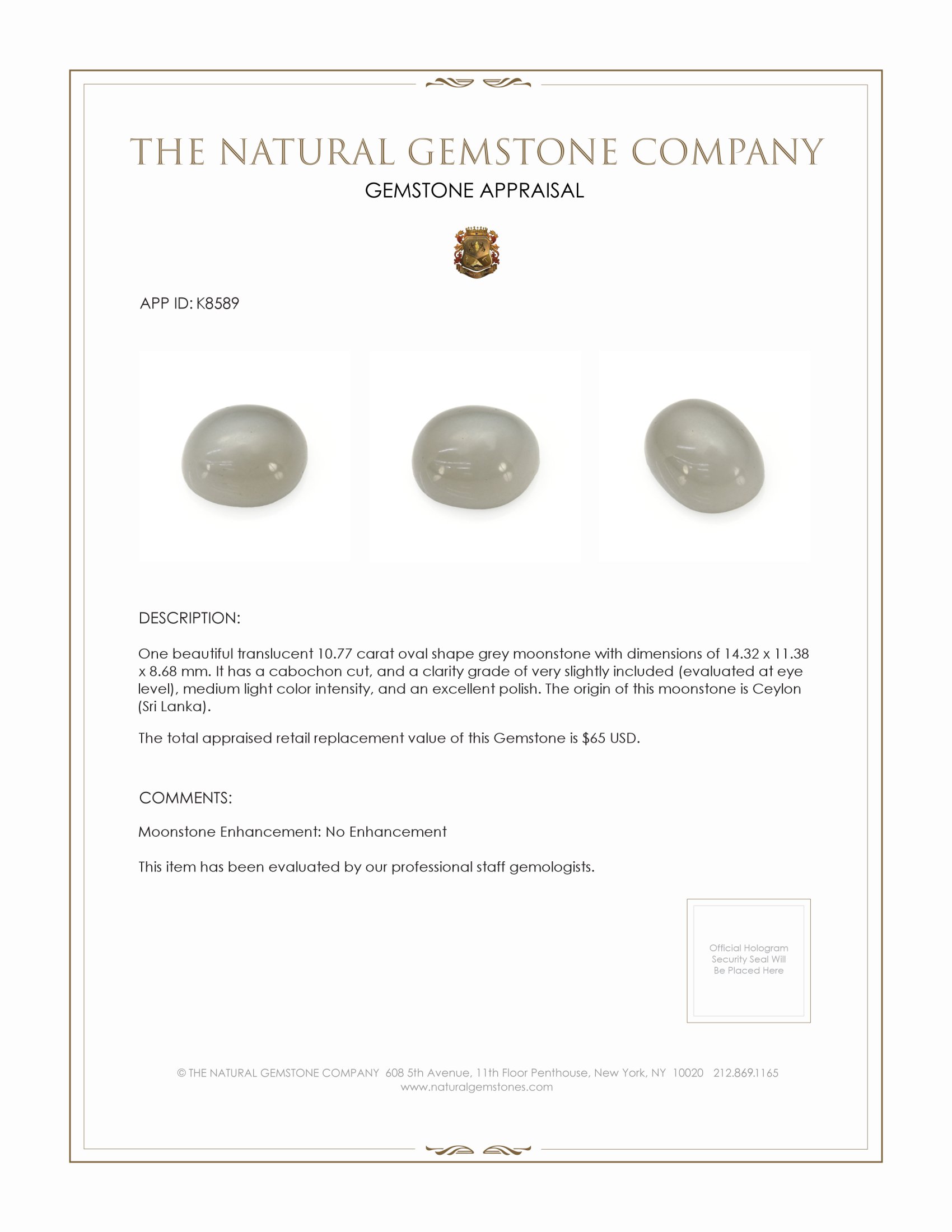 10.77 Ct. Cabochon Moonstone from Ceylon (Sri Lanka)