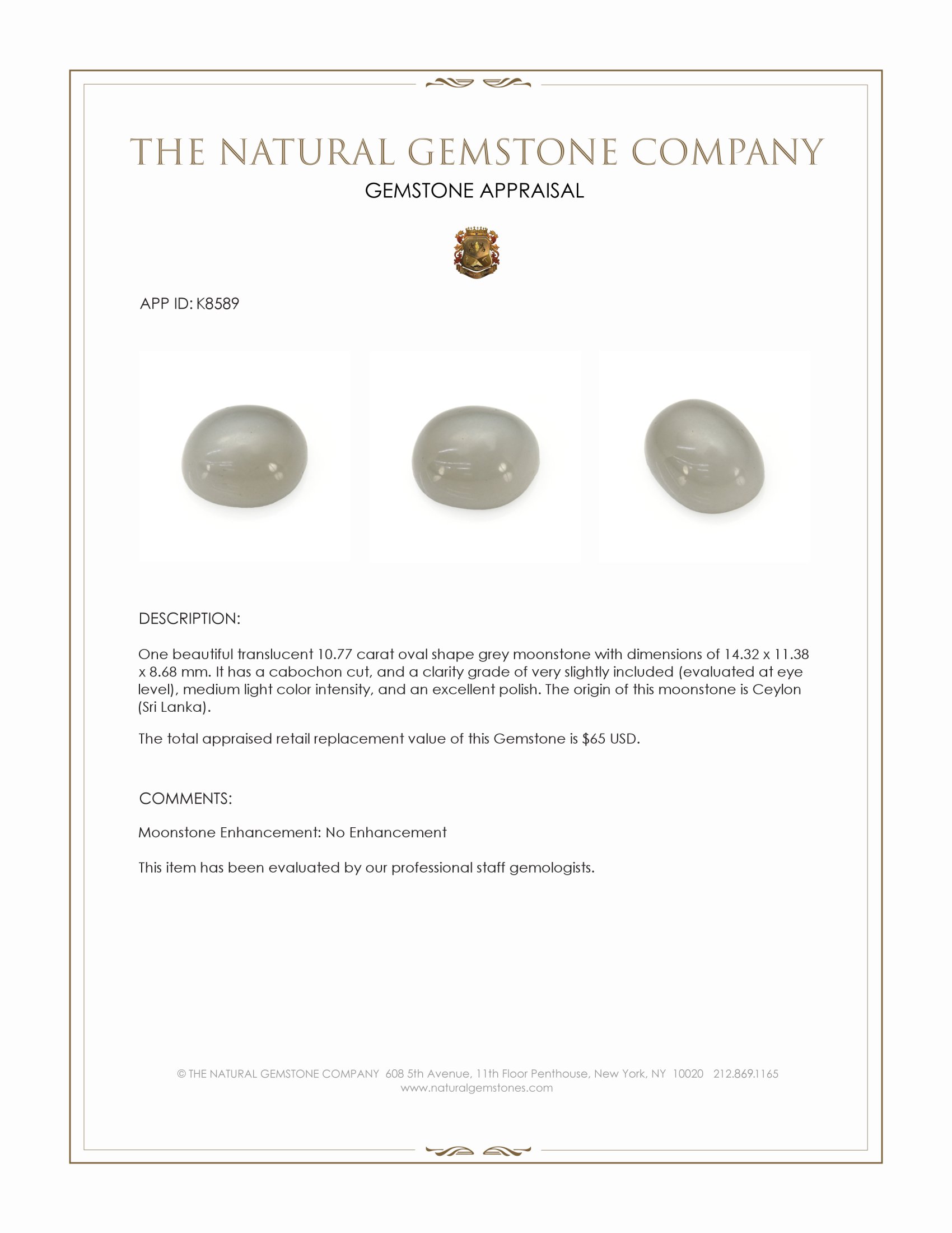 10.77 Ct. Cabochon Moonstone from Ceylon (Sri Lanka)