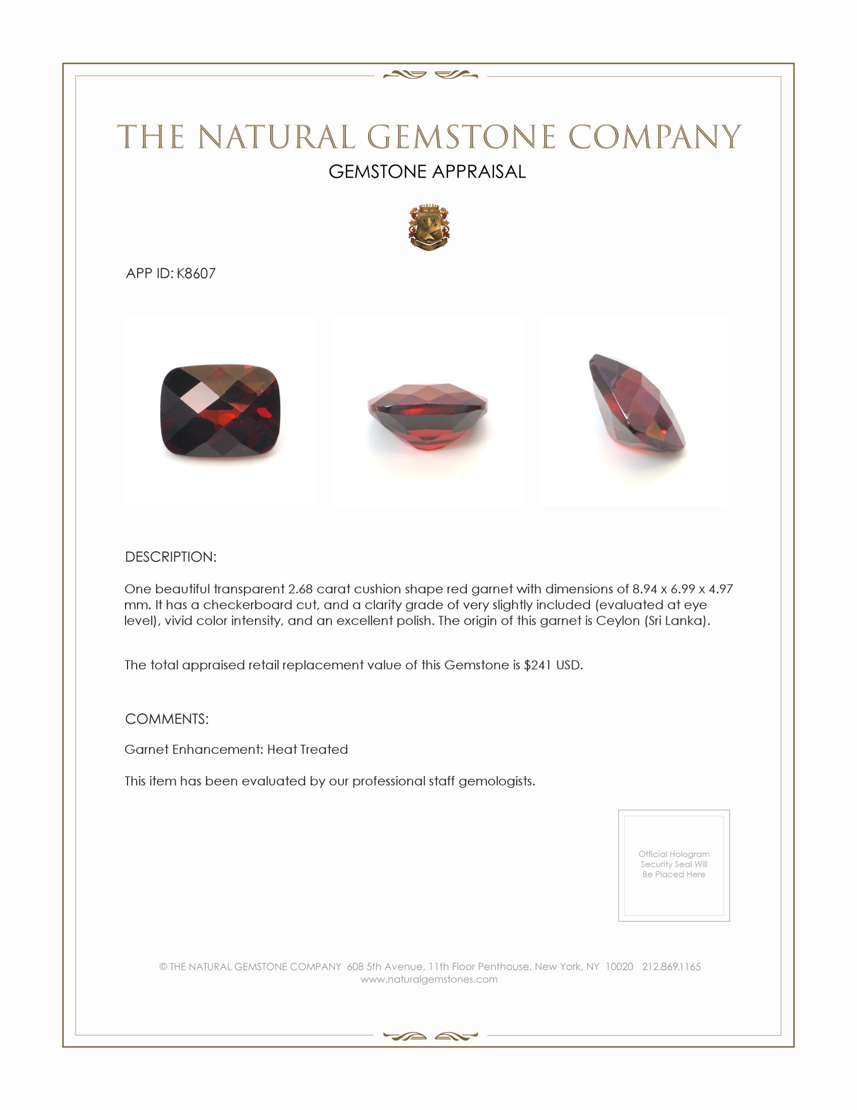 2.68 Ct. Garnet from Ceylon (Sri Lanka)