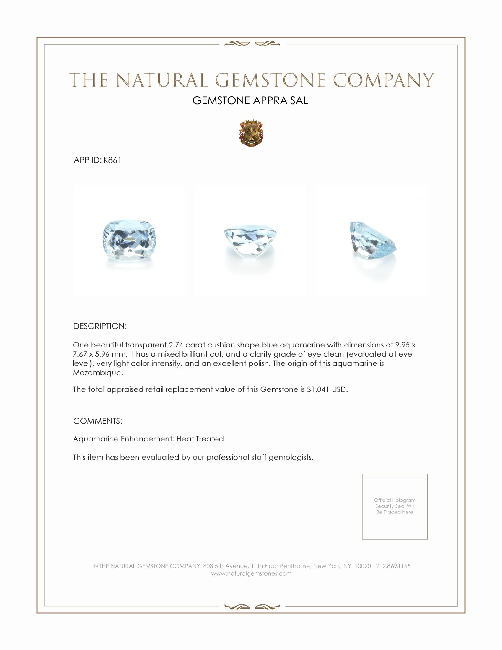2.74 Ct. Aquamarine from Mozambique