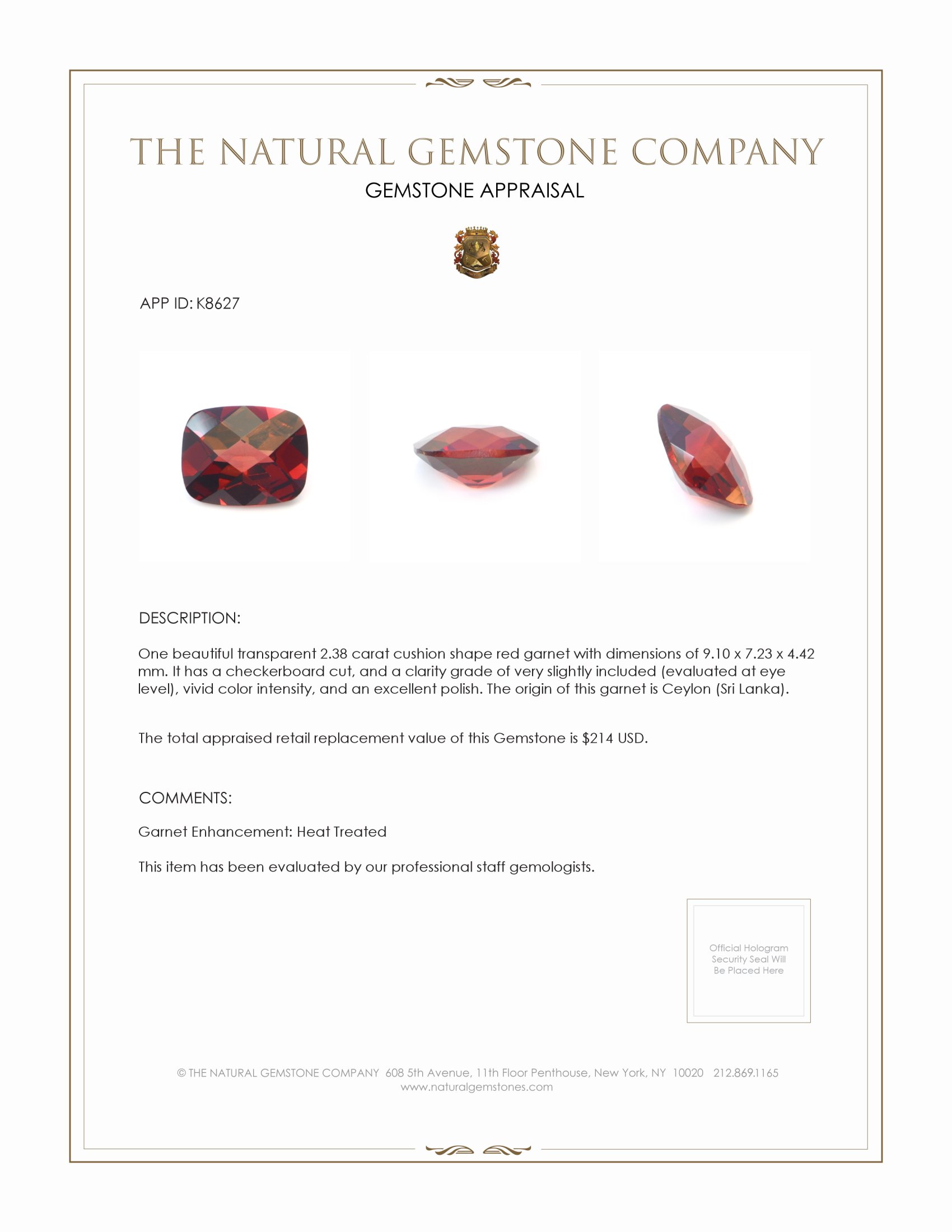 2.38 Ct. Garnet from Ceylon (Sri Lanka)