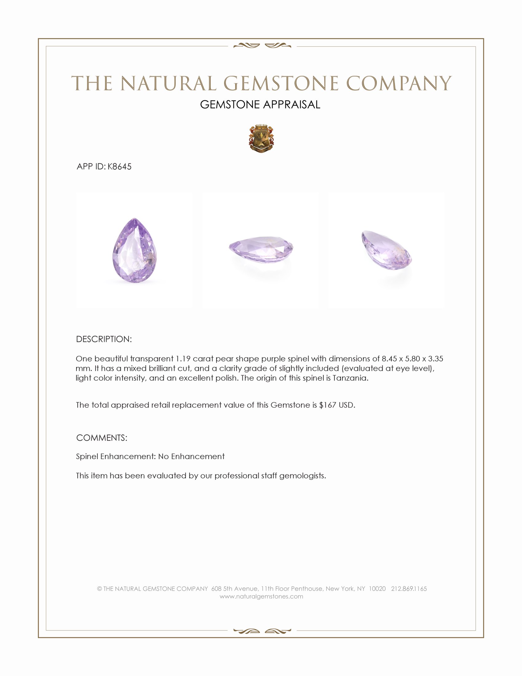 1.19 Ct. Purple Spinel from Tanzania