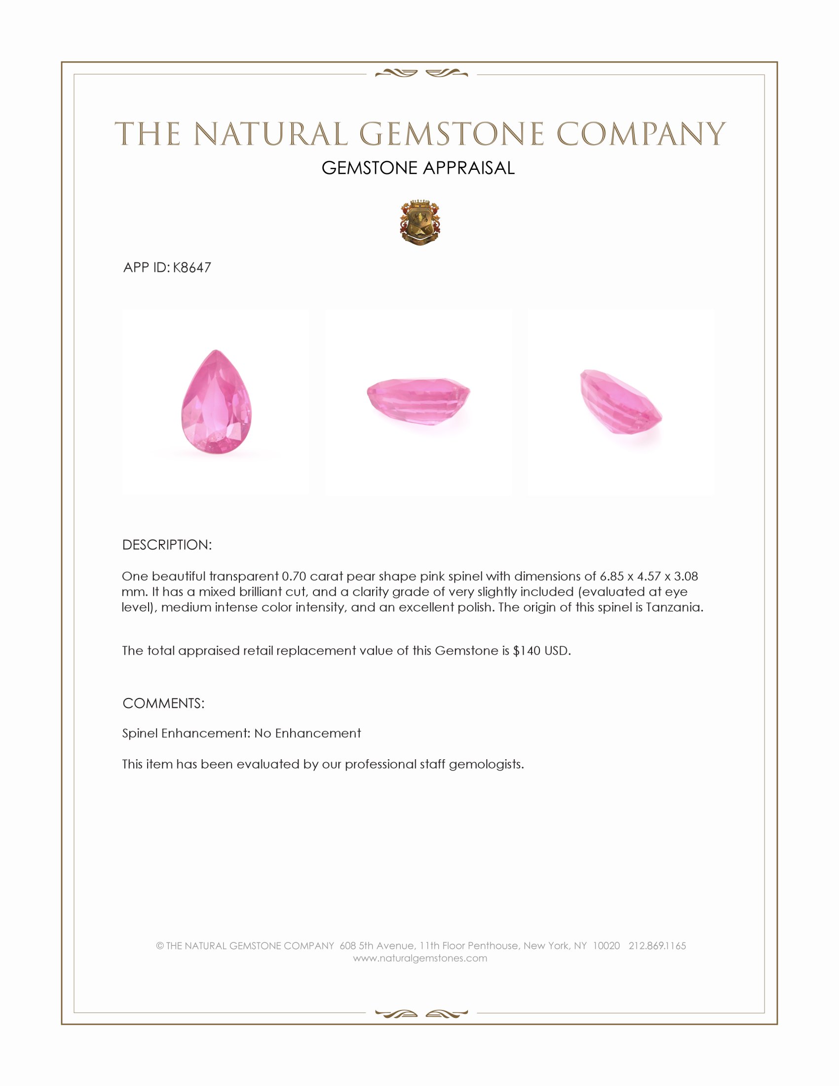 0.70 Ct. Spinel from Tanzania