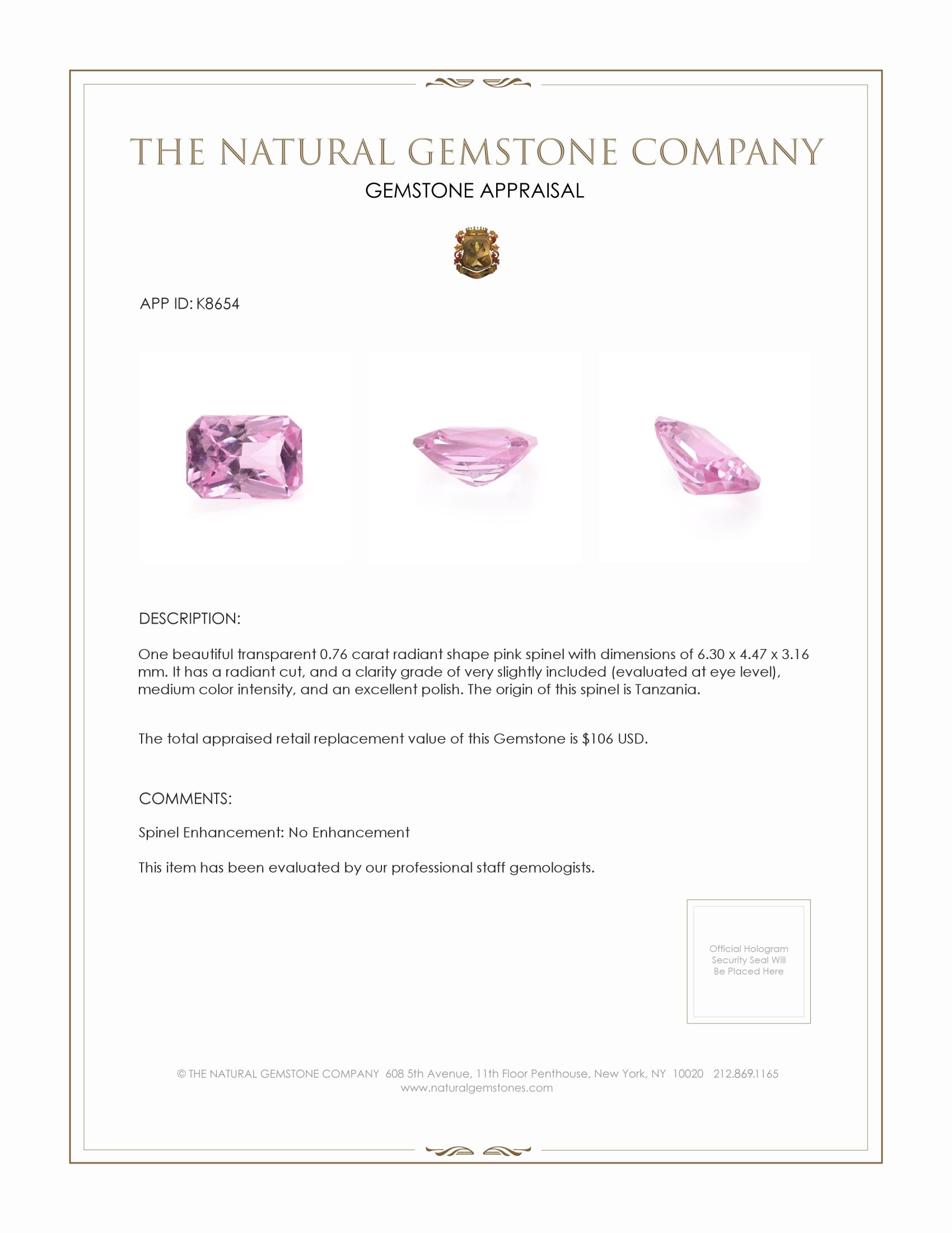 0.76 Ct. Pink Spinel from Tanzania