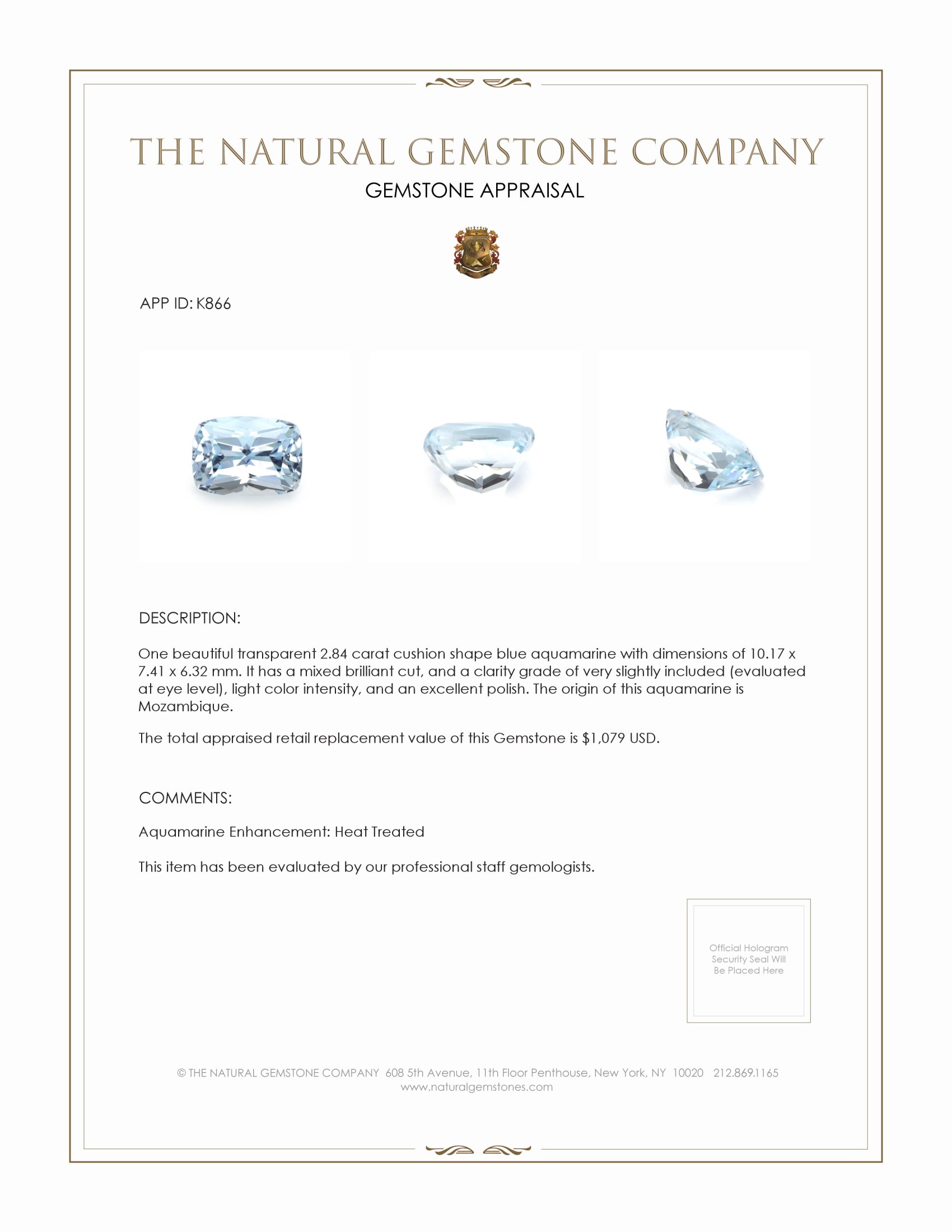 2.84 Ct. Aquamarine from Mozambique