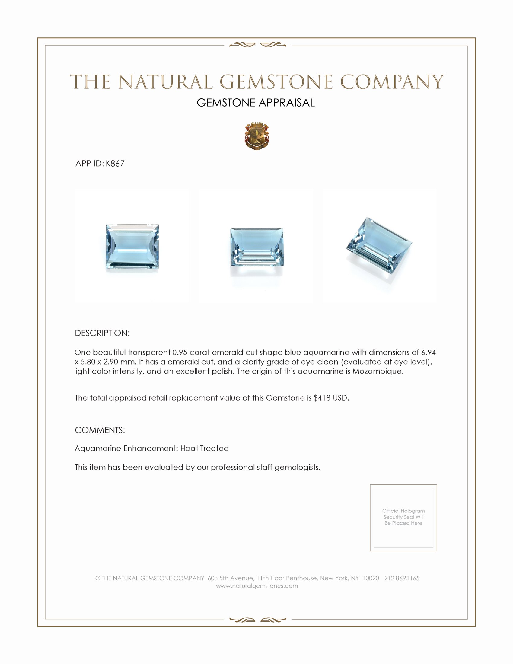 0.95 Ct. Blue Aquamarine from Mozambique