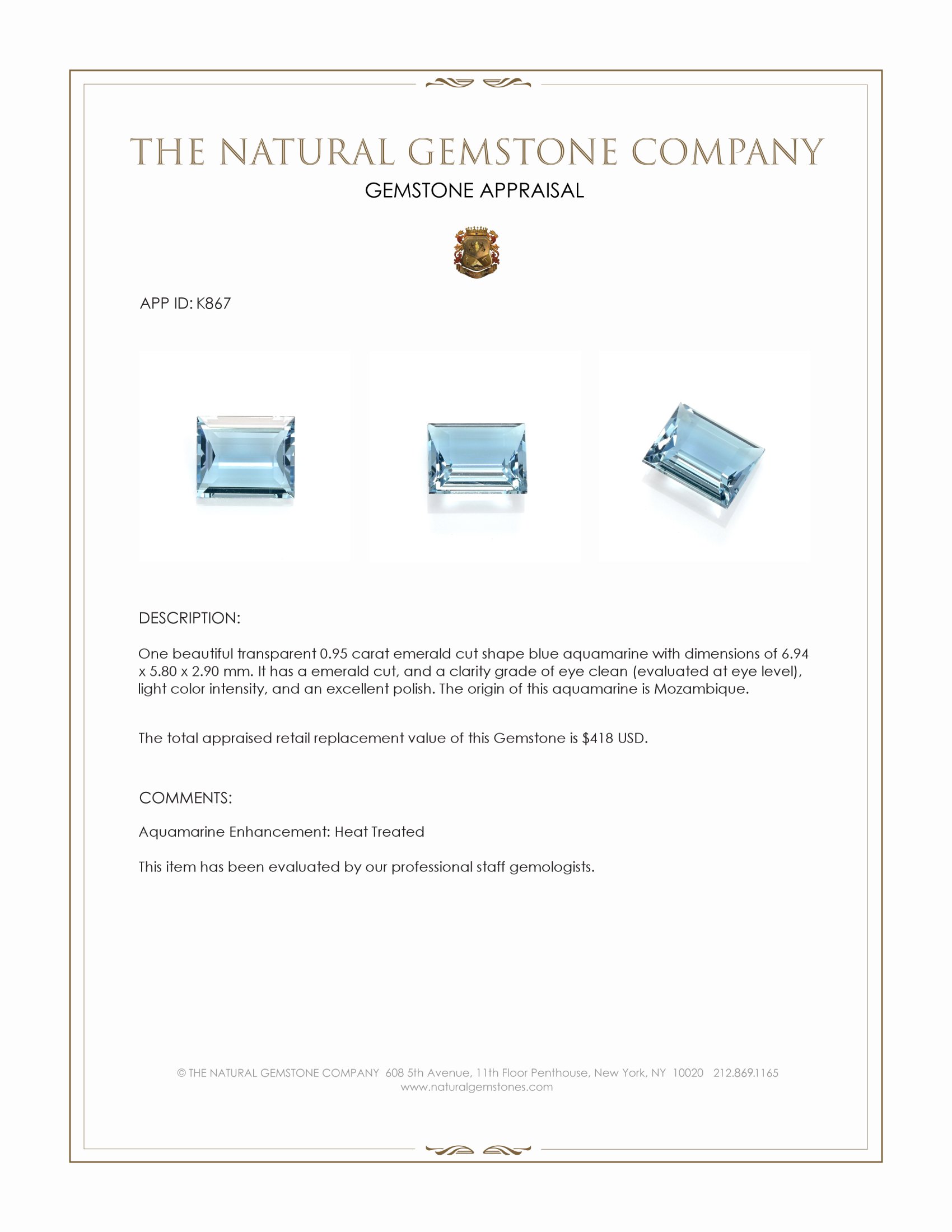 0.95 Ct. Aquamarine from Mozambique