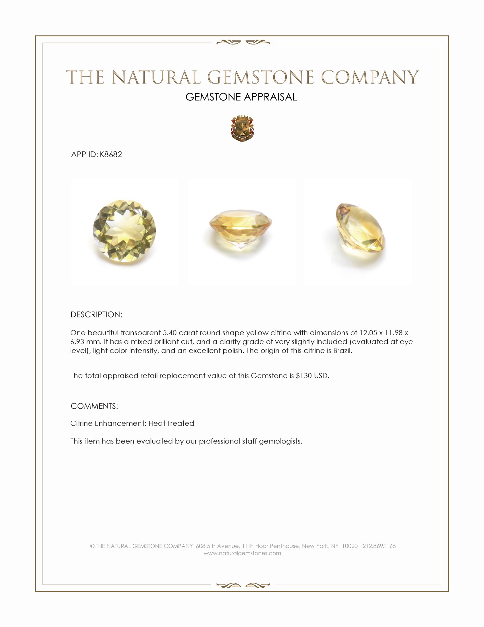 5.40 Ct. Yellow Citrine from Brazil