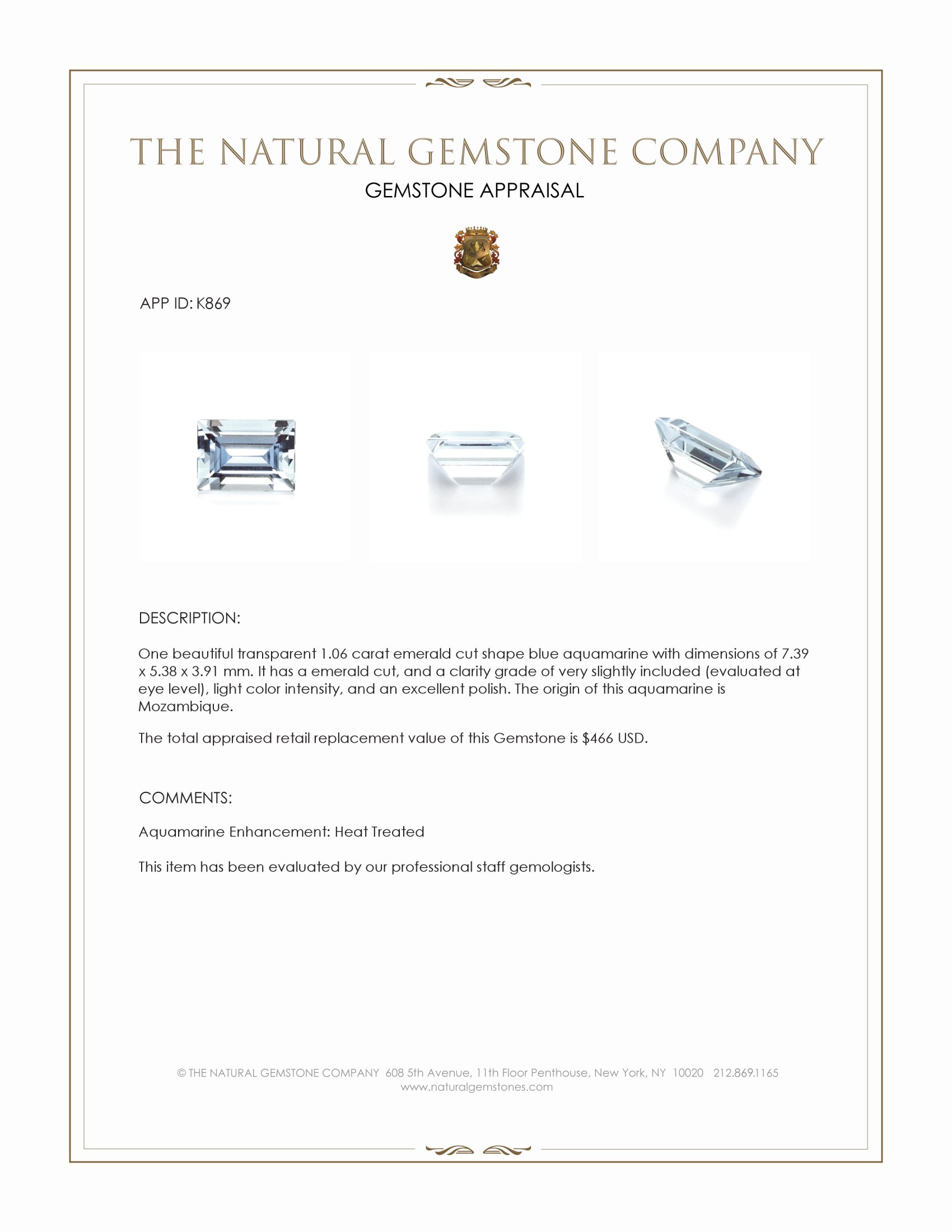 1.06 Ct. Aquamarine from Mozambique