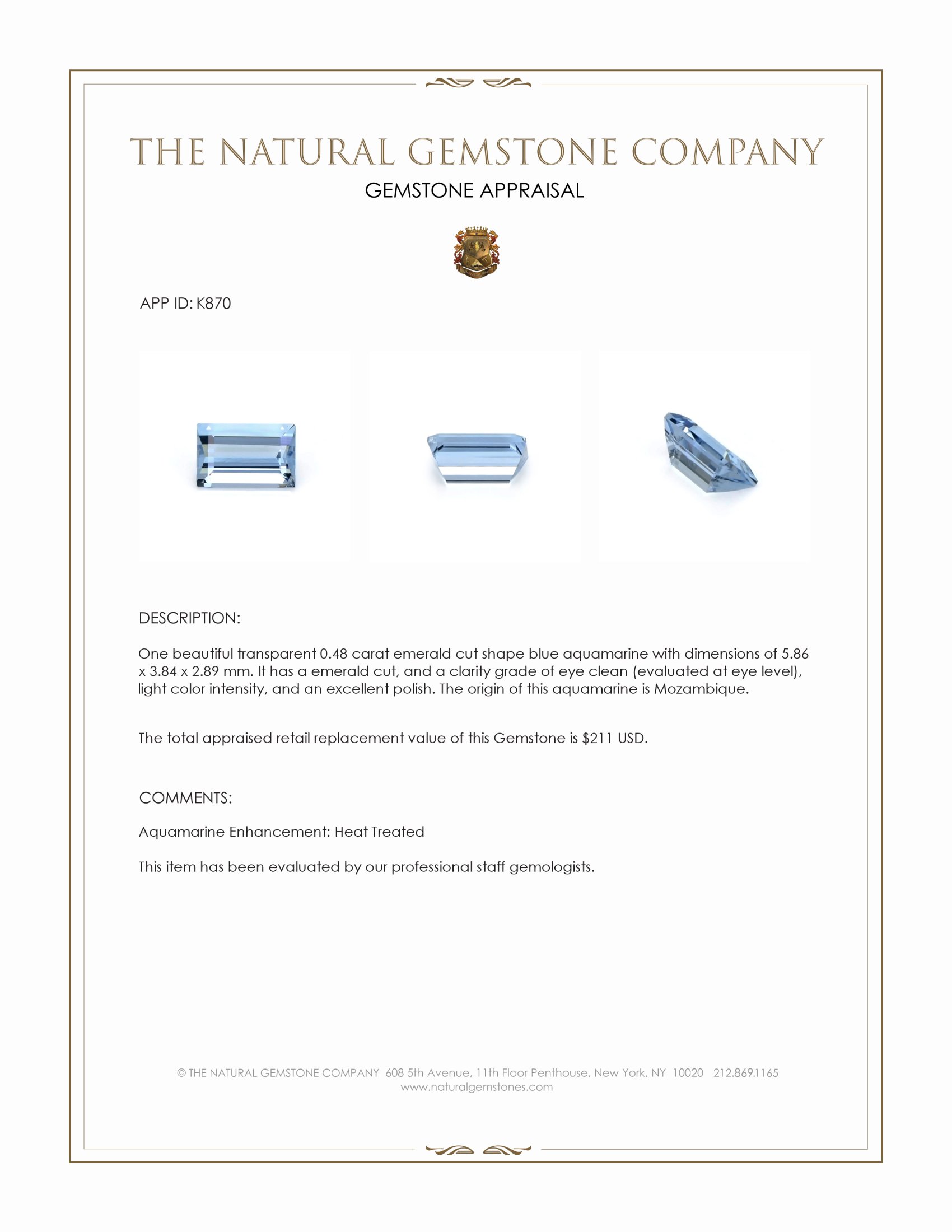 0.48 Ct. Blue Aquamarine from Mozambique