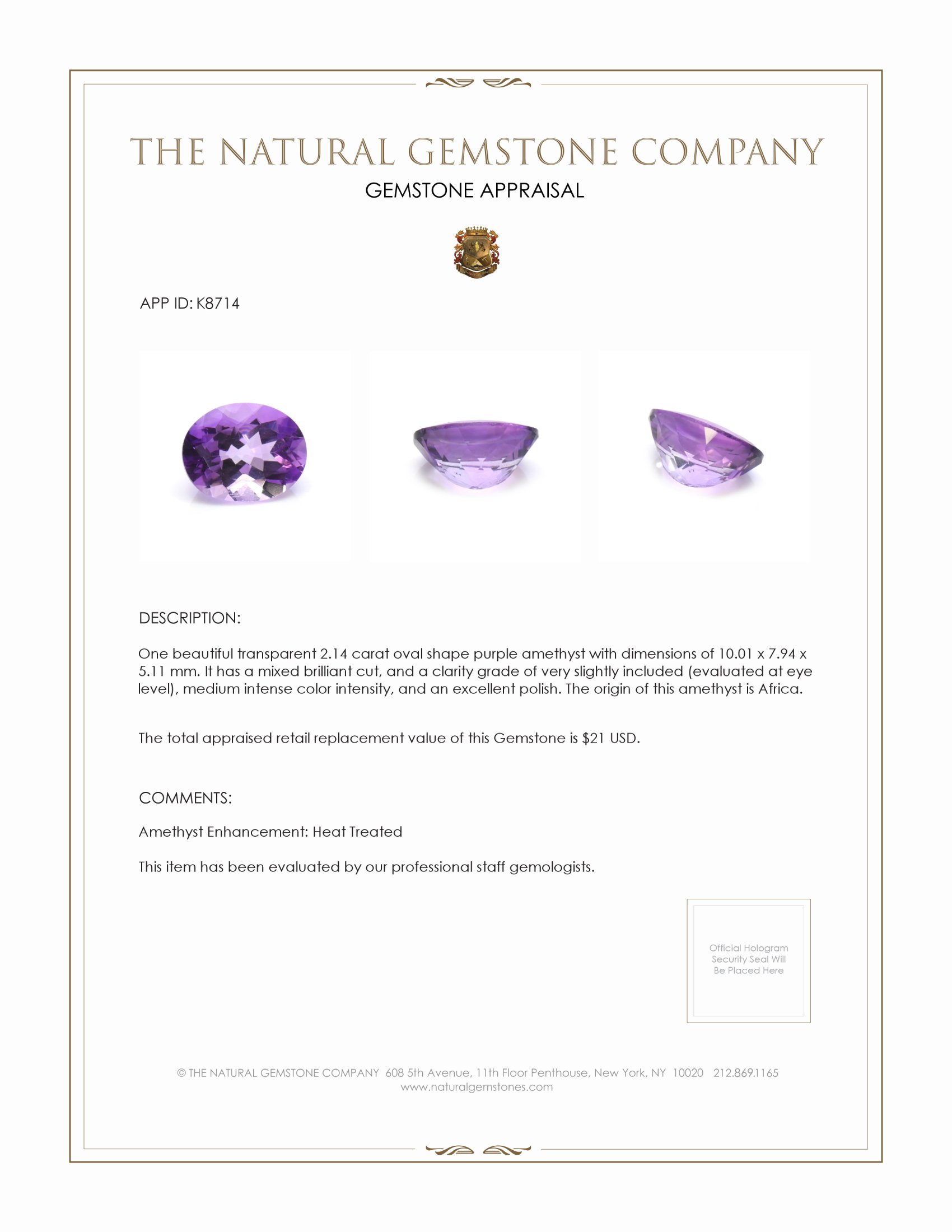 2.14 Ct. Amethyst from Africa