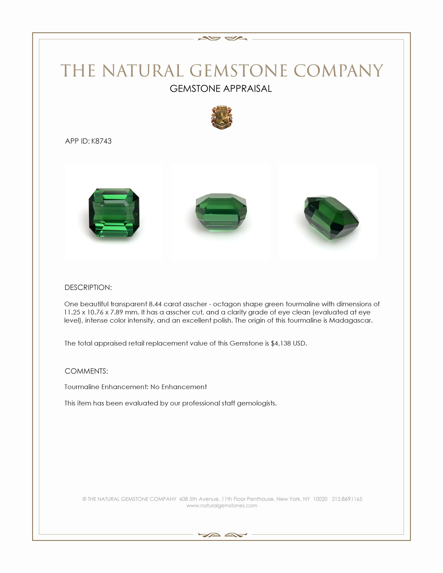 8.44 Ct. Green Tourmaline from Madagascar